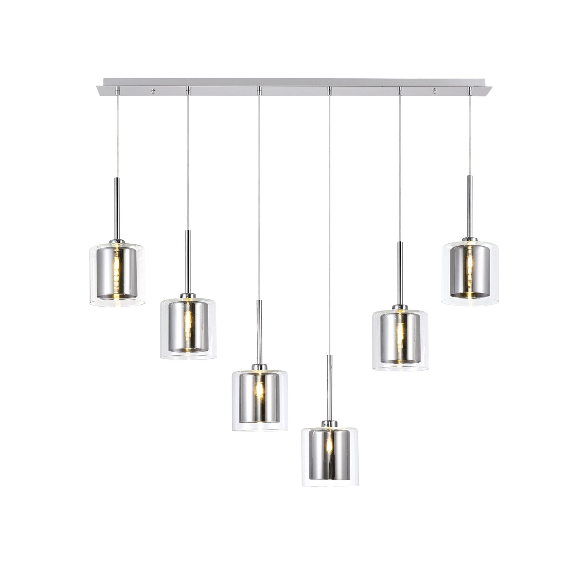 Fabula Tamworth 6 Light Linear Pendant - Medium Cylinder Shades with Clear Outer Glass - Polished Chrome, Chrome & Clear Glass