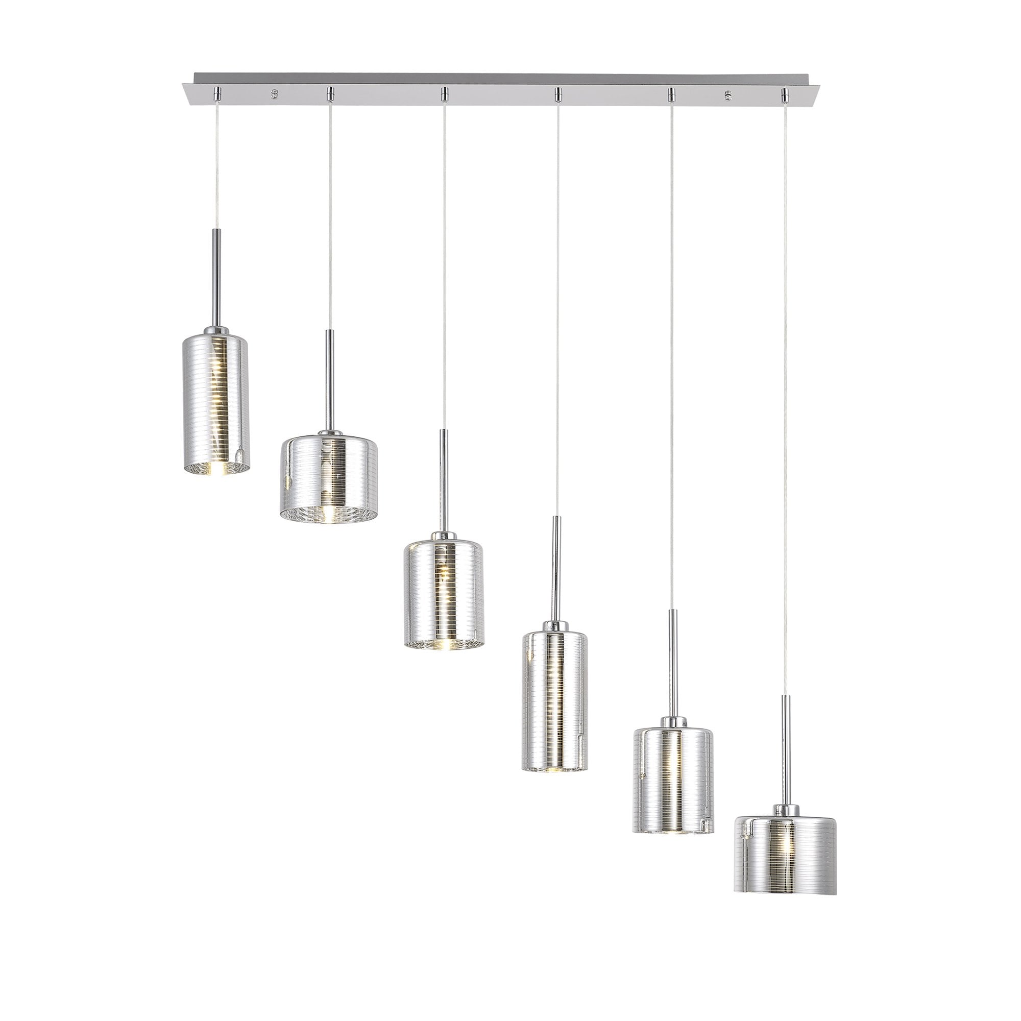 Fabula Tamworth 6 Light Linear Pendant - Mixed Cylinder Shades - Polished Chrome & Chrome Lined Glass