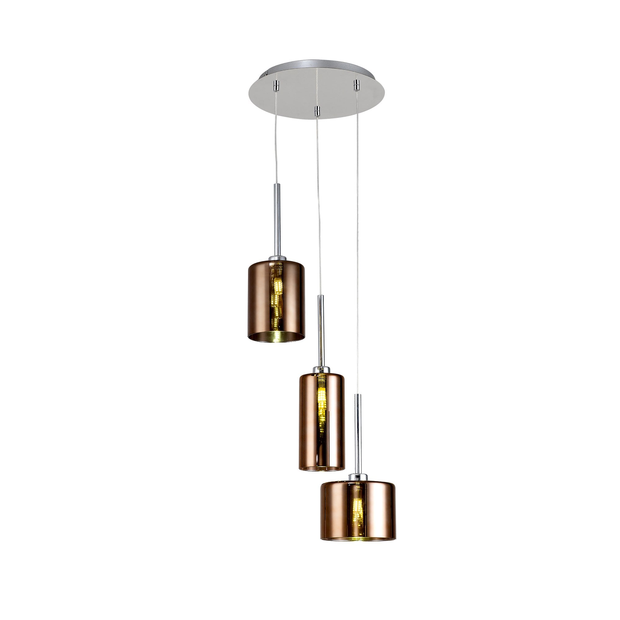 Fabula Tamworth 3 Light Round Pendant - Mixed Cylinder Shades - Polished Chrome & Copper Glass