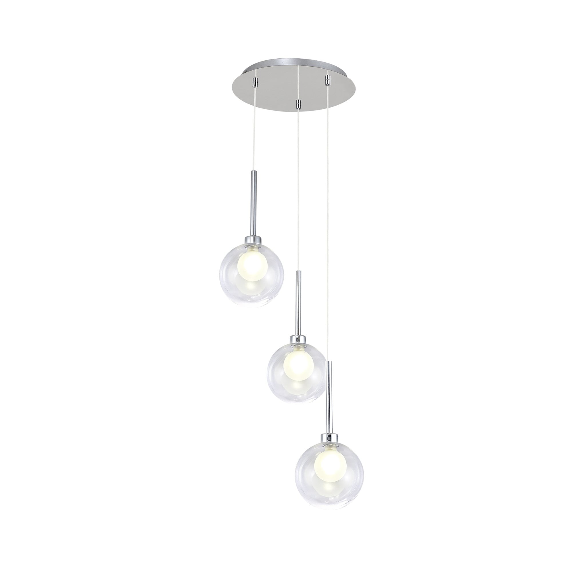 Fabula Tamworth 3 Light Round Pendant - Round Shades with Inner Frosted Globes - Polished Chrome, Clear & Frosted Glass