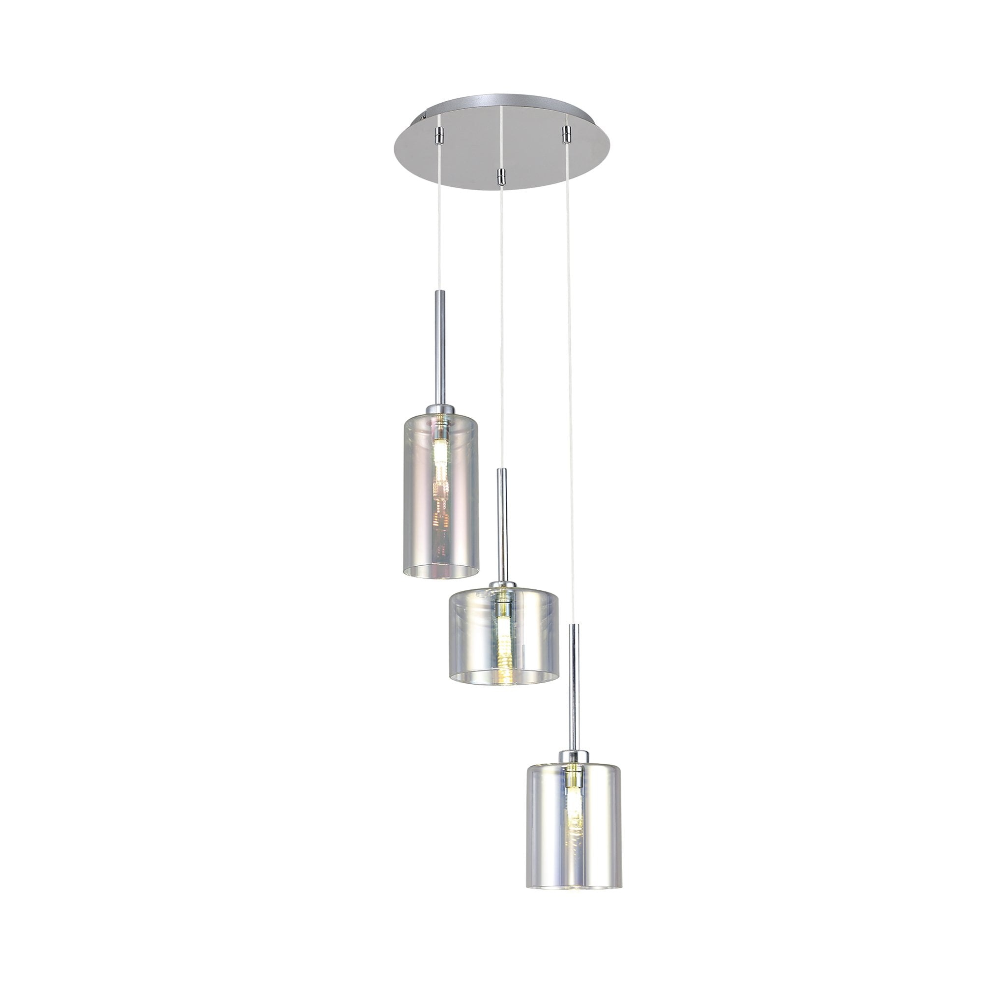 Fabula Tamworth 3 Light Round Pendant - Mixed Cylinder Shades - Polished Chrome & Iridescent Glass