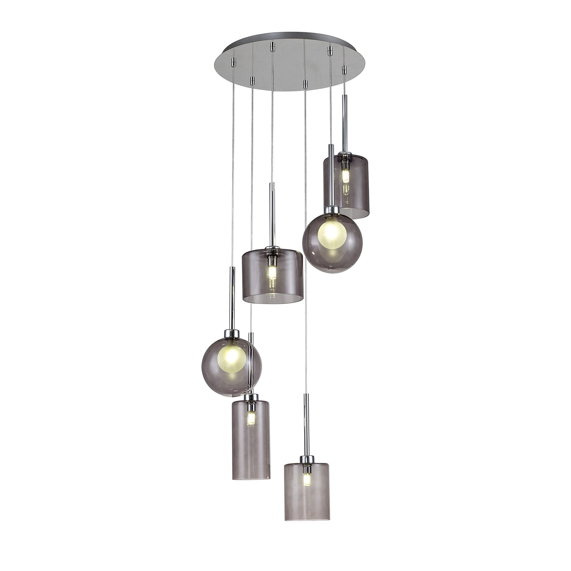 Fabula Tamworth 6 Light Round Pendant - Mixed Shades G - Polished Chrome, Smoked & Frosted Glass