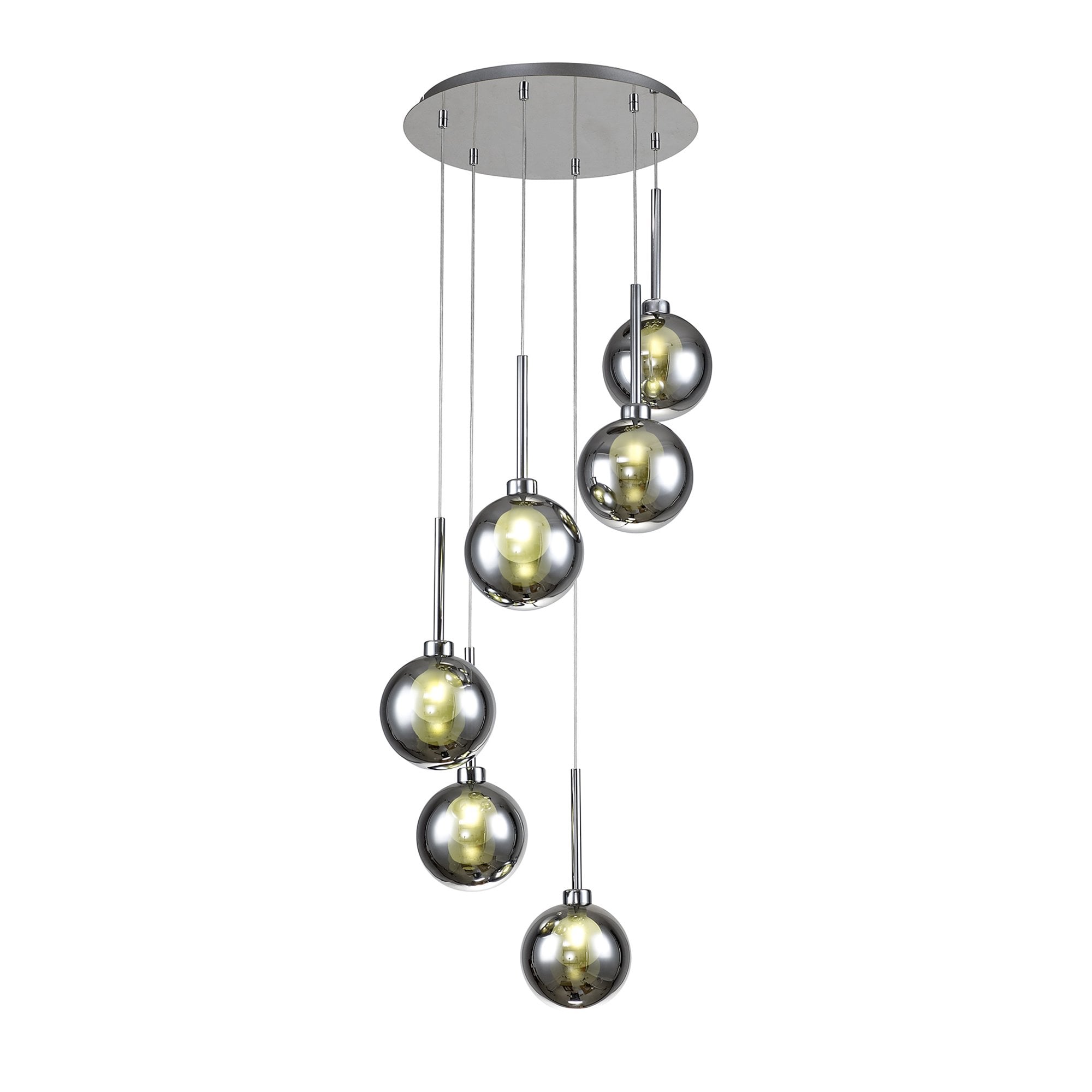 Fabula Tamworth 6 Light Round Pendant - Round Shades with Inner Frosted Globes - Polished Chrome, Chrome & Frosted Glass