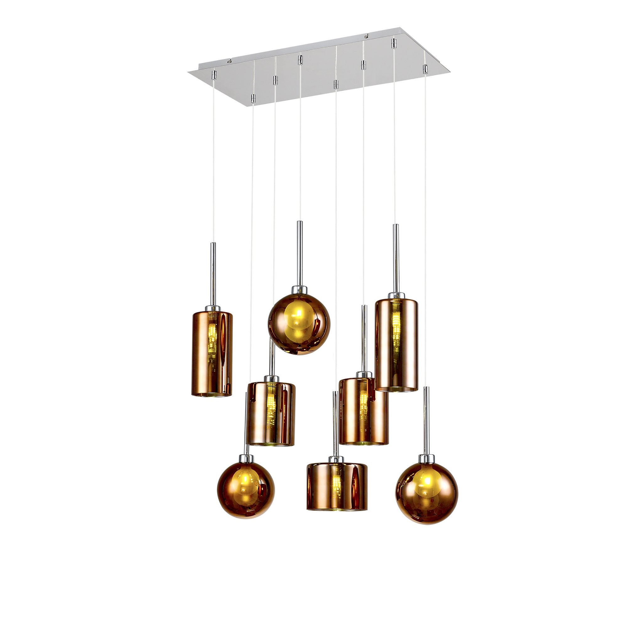 Fabula Tamworth 8 Light Rectangle Pendant - Mixed Shades G - Polished Chrome, Copper & Frosted Glass