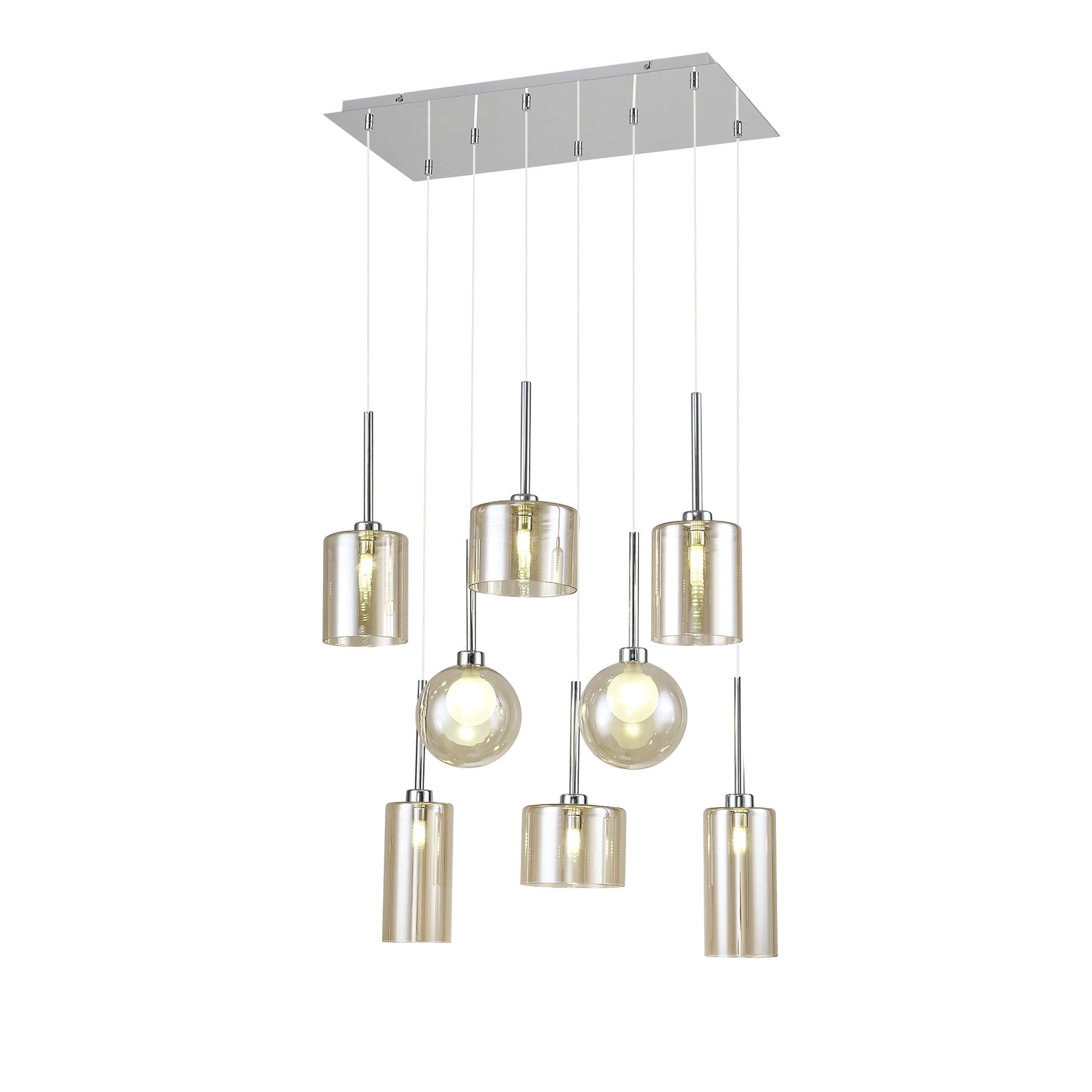 Fabula Tamworth 8 Light Rectangle Pendant - Mixed Shades G - Polished Chrome, Cognac & Frosted Glass