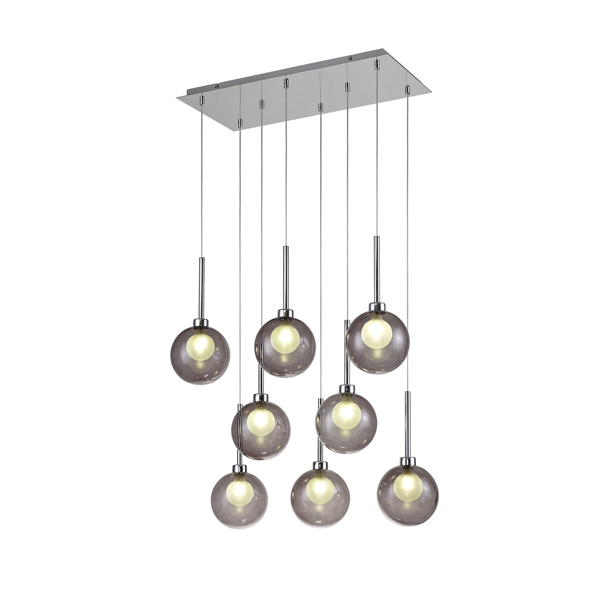 Fabula Tamworth 8 Light Rectangle Pendant - Round Shades with Inner Frosted Globes - Polished Chrome, Smoked & Frosted Glass