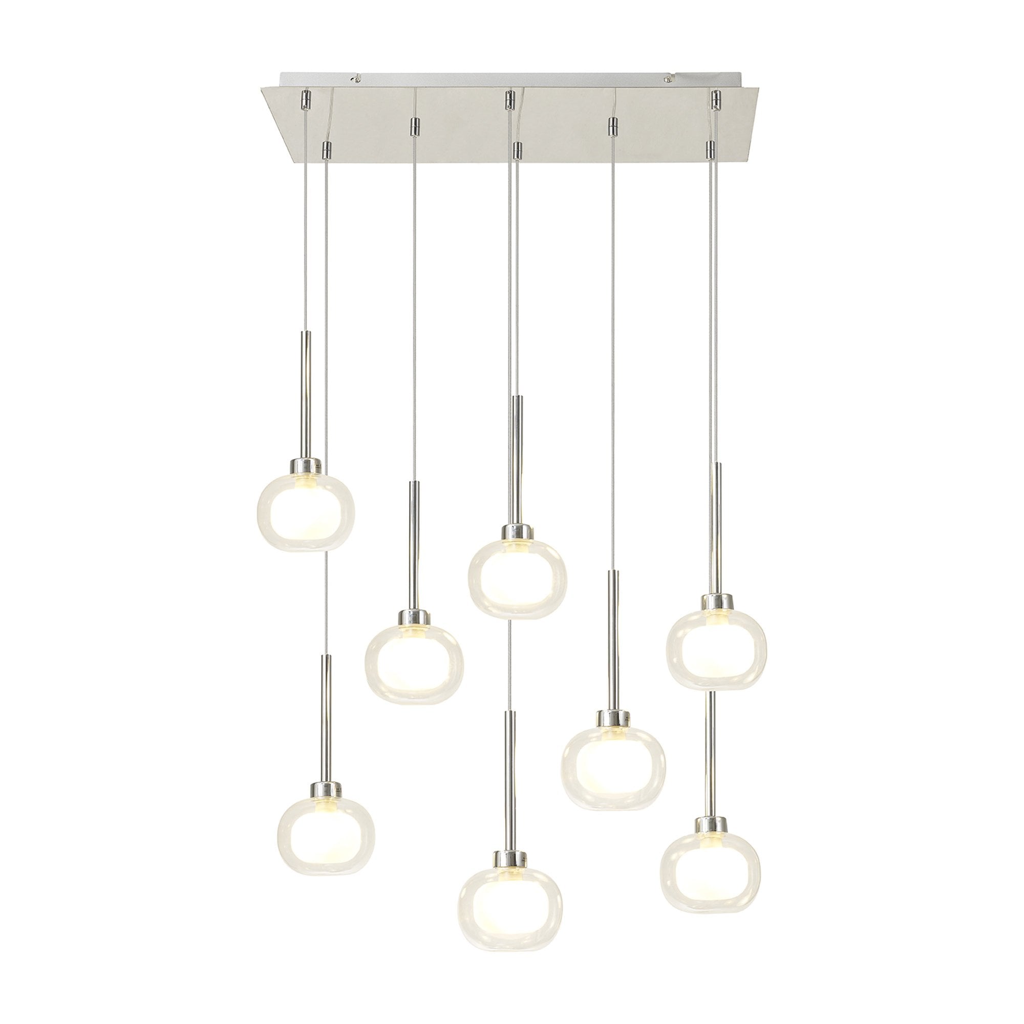 Fabula Tamworth 8 Light Rectangle Pendant - Flattened Round Shades with Inner Frosted Globes - Polished Chrome, Clear & Frosted Glass