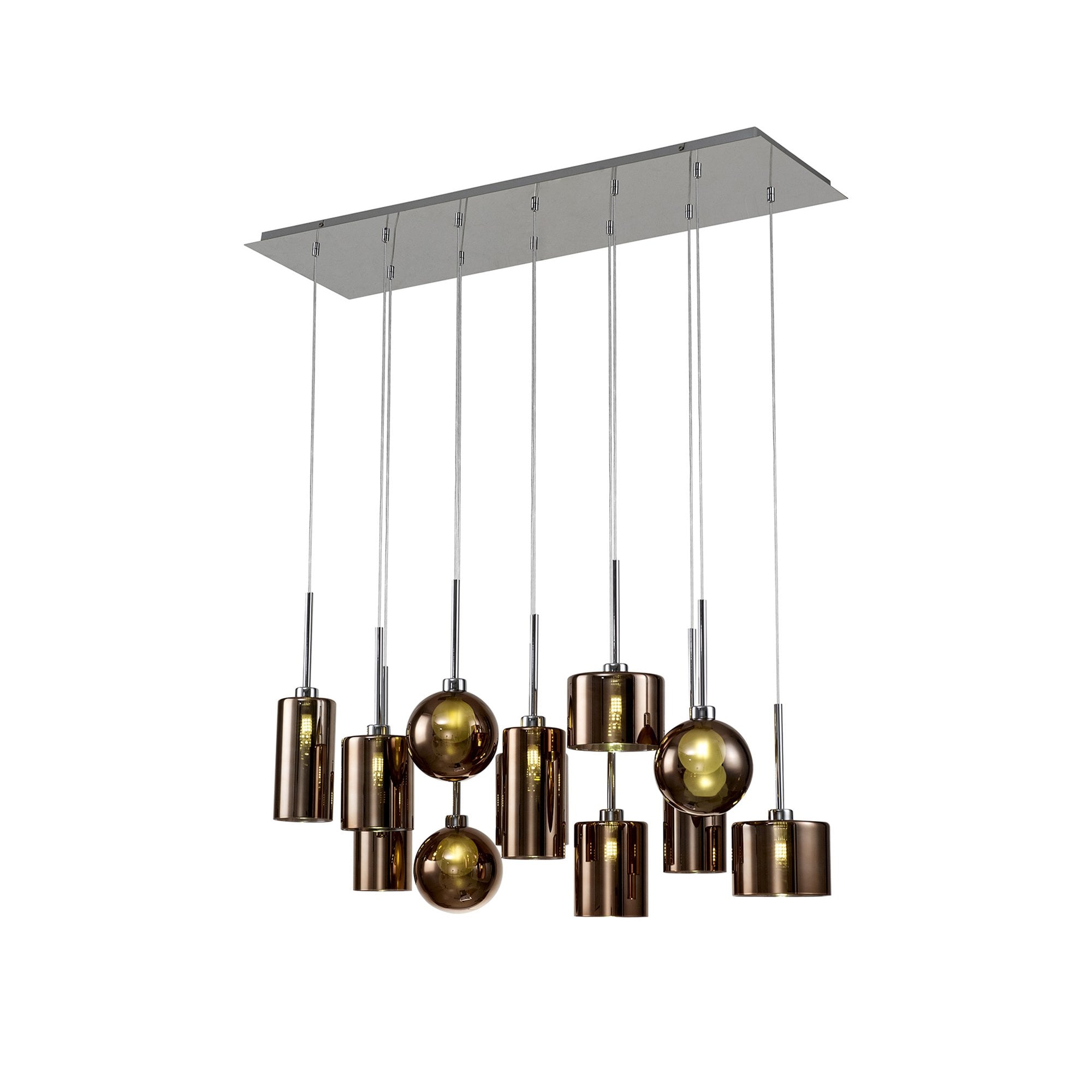 Fabula Tamworth 12 Light Linear Pendant - Mixed Shades G - Polished Chrome, Copper & Frosted Glass