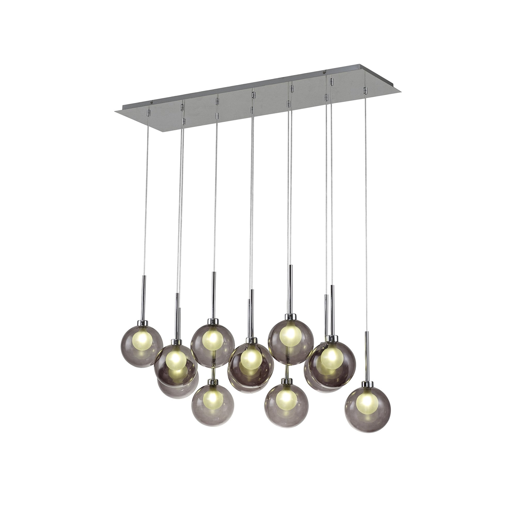 Fabula Tamworth 12 Light Linear Pendant - Round Shades with Inner Frosted Globes - Polished Chrome, Smoked & Frosted Glass