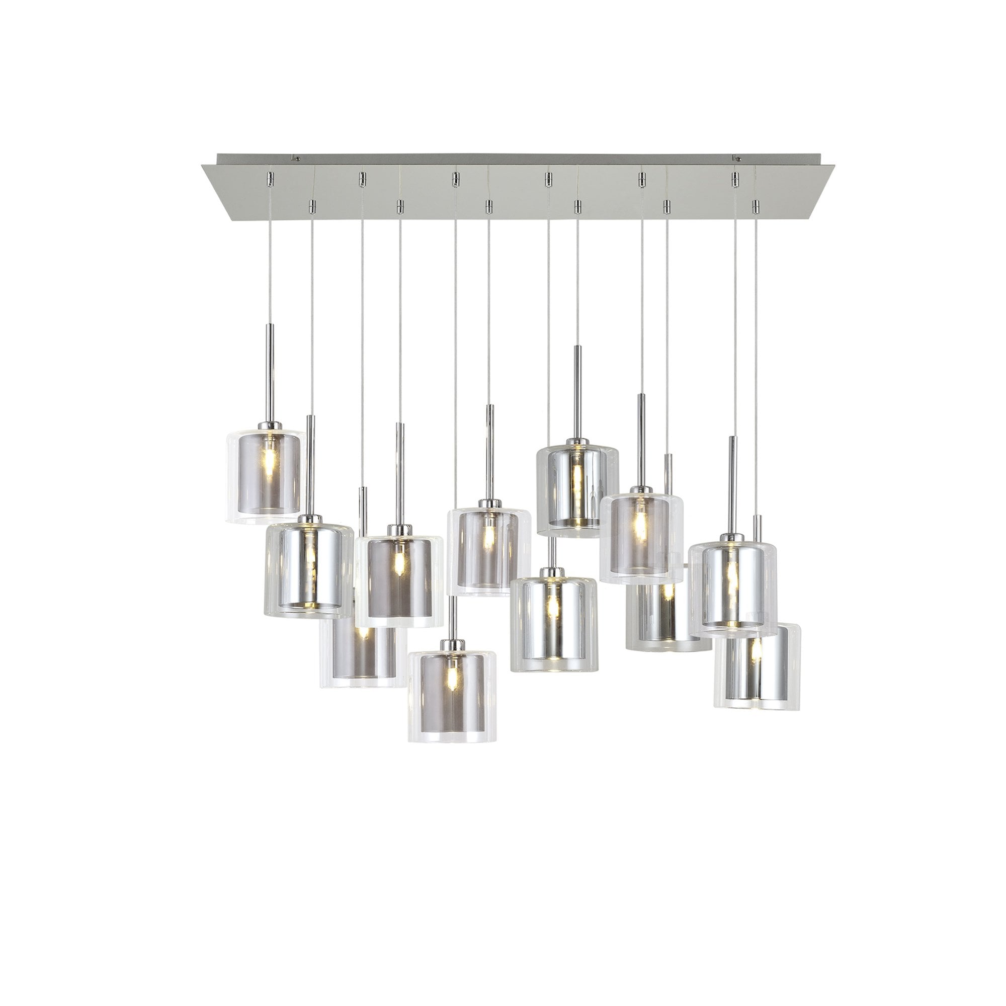 Fabula Tamworth 12 Light Linear Pendant - Medium Cylinder Shades with Clear Outer Glass - Polished Chrome, Chrome, Clear & Smoked Glass