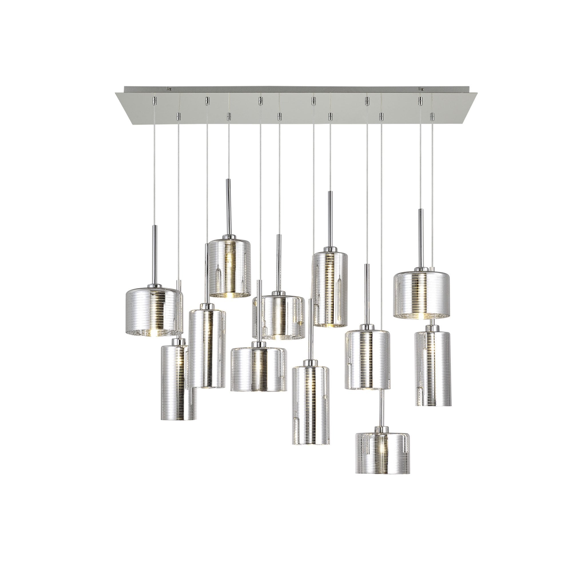 Fabula Tamworth 12 Light Linear Pendant - Mixed Cylinder Shades - Polished Chrome & Chrome Glass