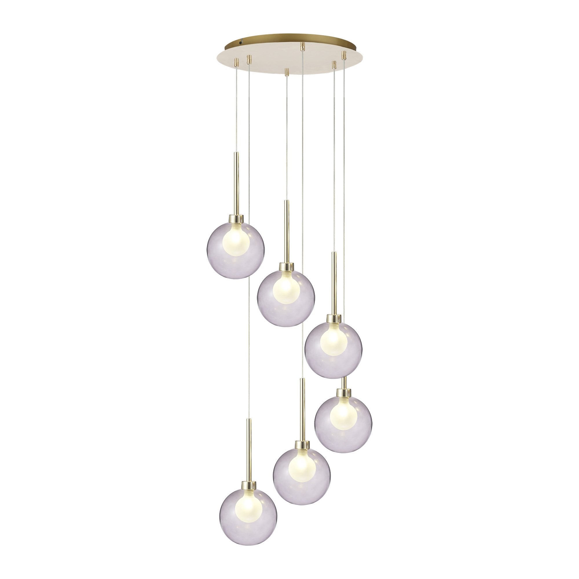 Fabula Tamworth 6 Light Round Pendant - Round Shades with Inner Frosted Globes - French Gold, Smoked & Frosted Glass