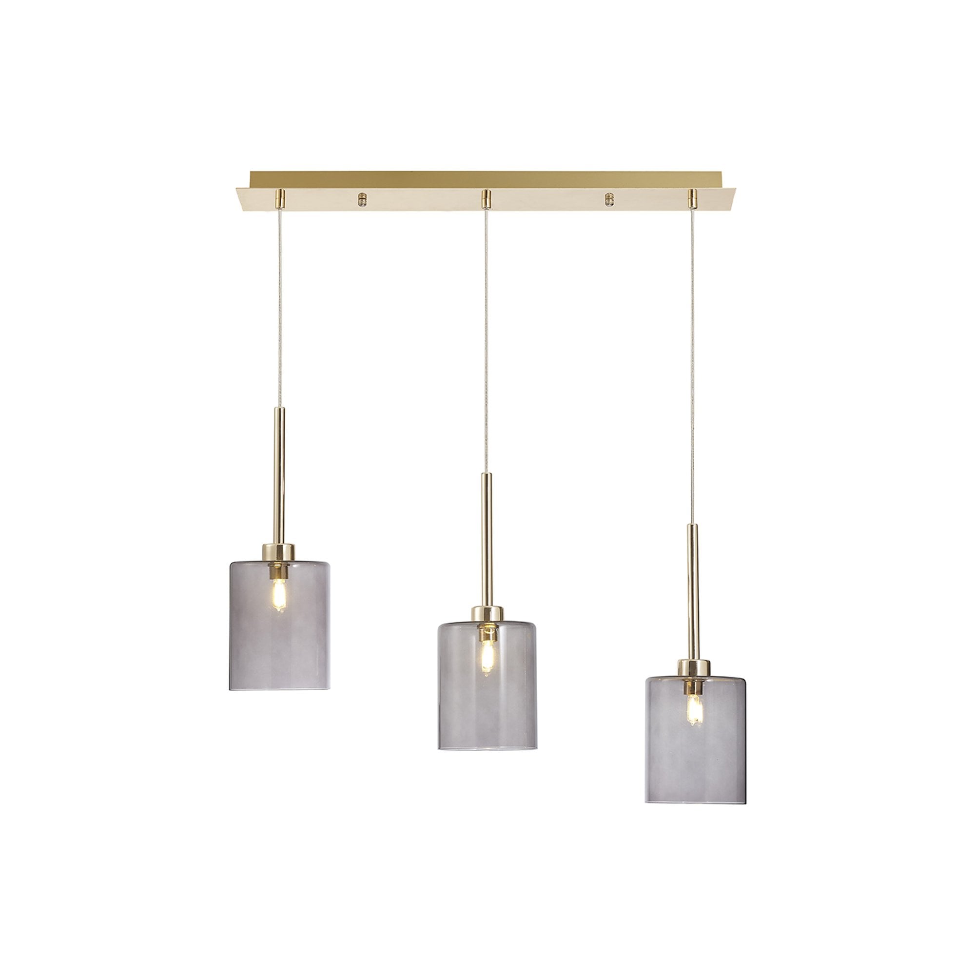 Fabula Tamworth 3 Light Linear Pendant - Medium Cylinder Shades - French Gold & Smoked Glass