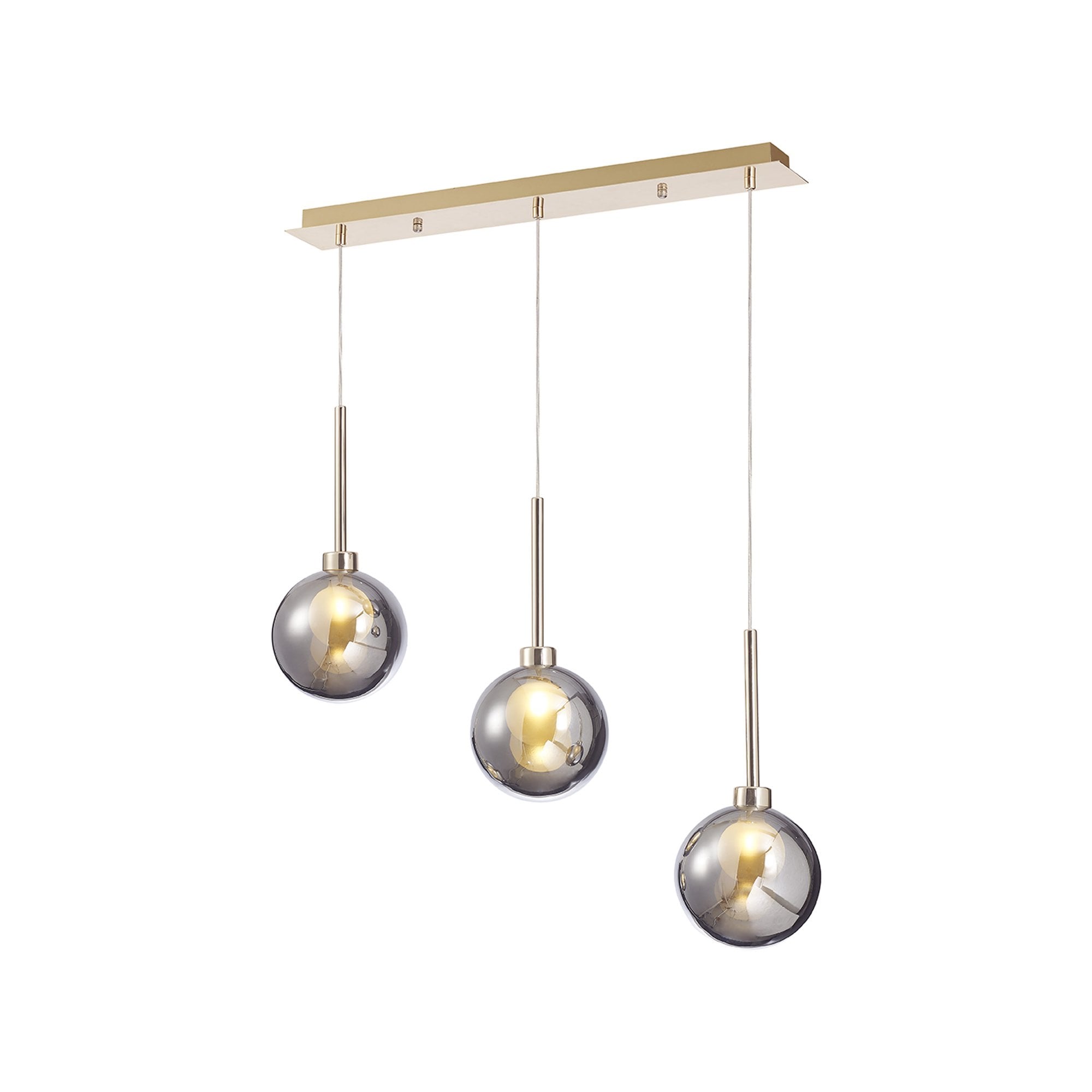 Fabula Tamworth 3 Light Linear Pendant - Round Shades with Inner Frosted Globes - French Gold, Chrome & Frosted Glass