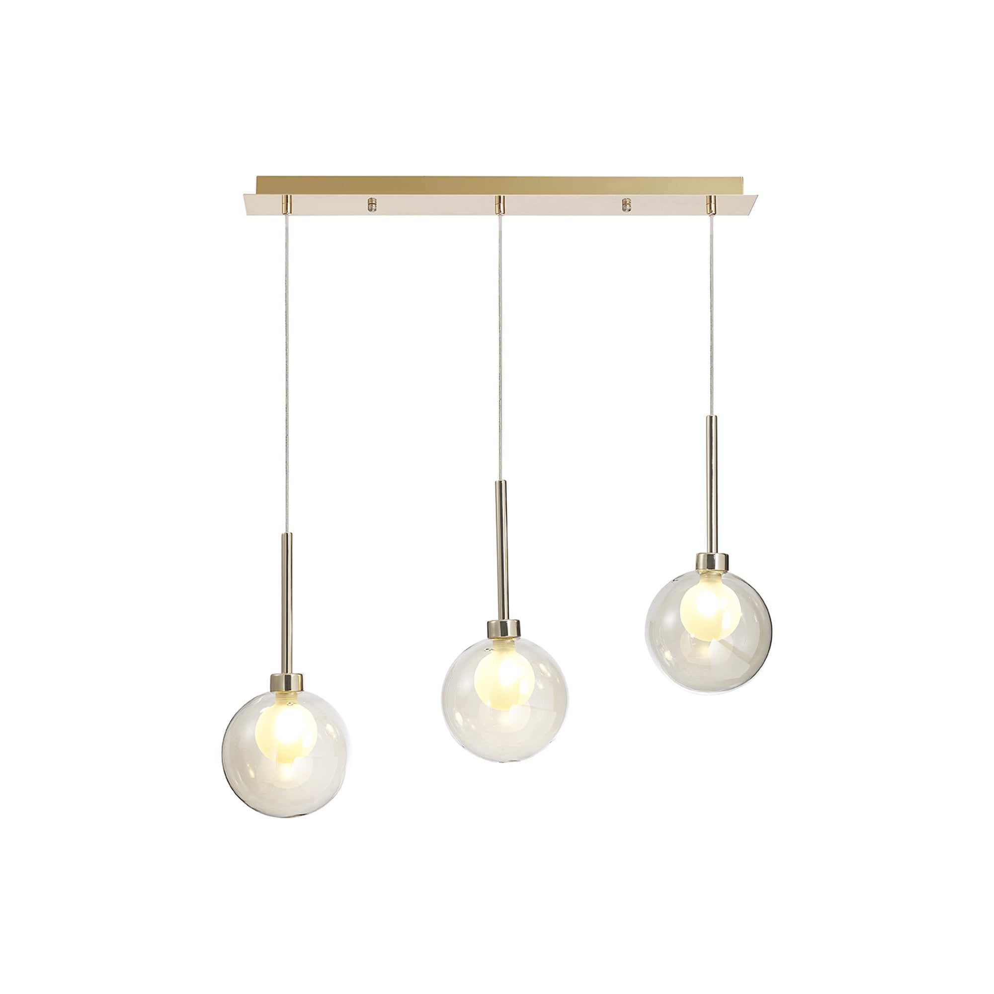 Fabula Tamworth 3 Light Linear Pendant - Round Shades with Inner Frosted Globes - French Gold, Cognac & Frosted Glass