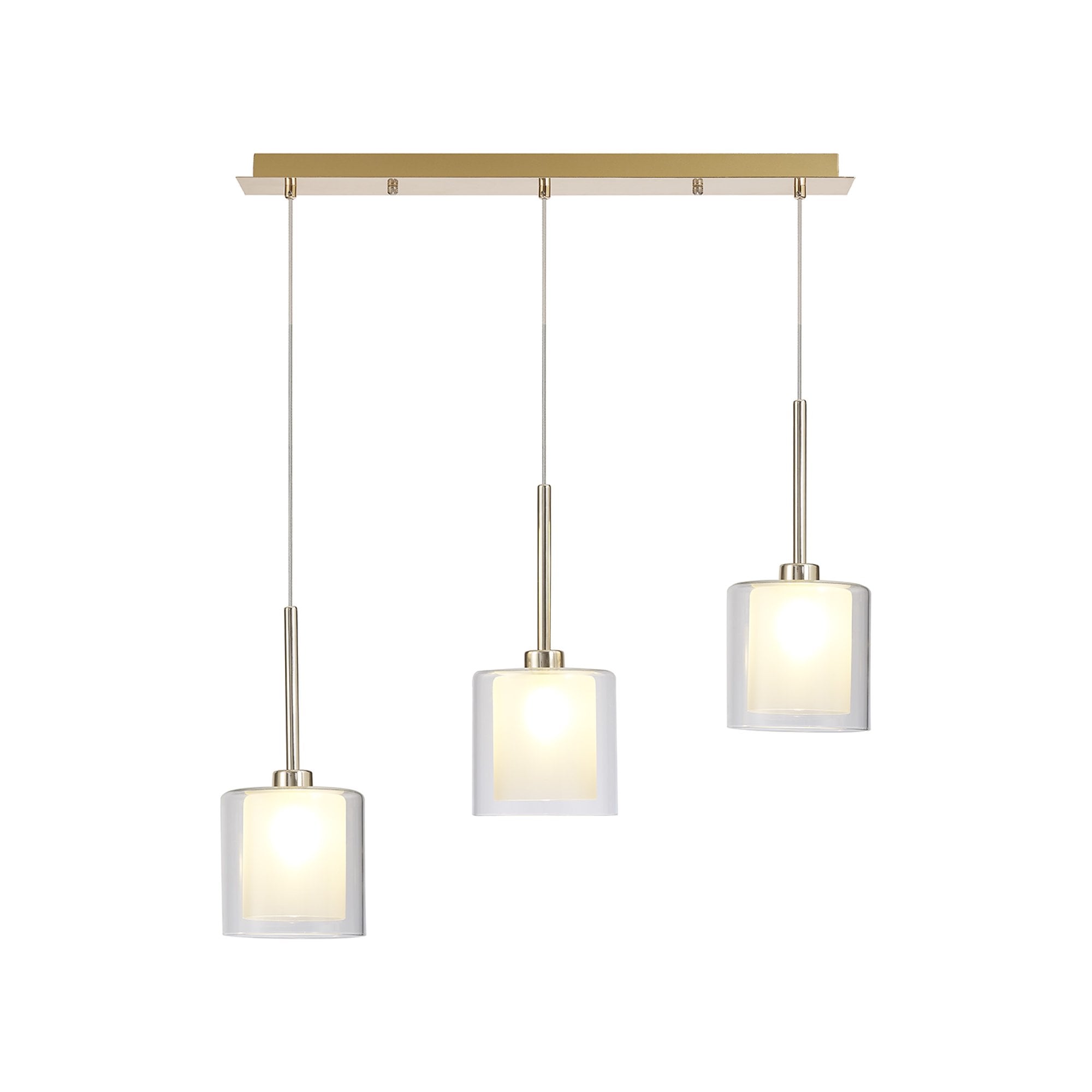 Fabula Tamworth 3 Light Linear Pendant - Medium Cylinder Shades with Clear Outer Glass - French Gold, Frosted & Clear Glass