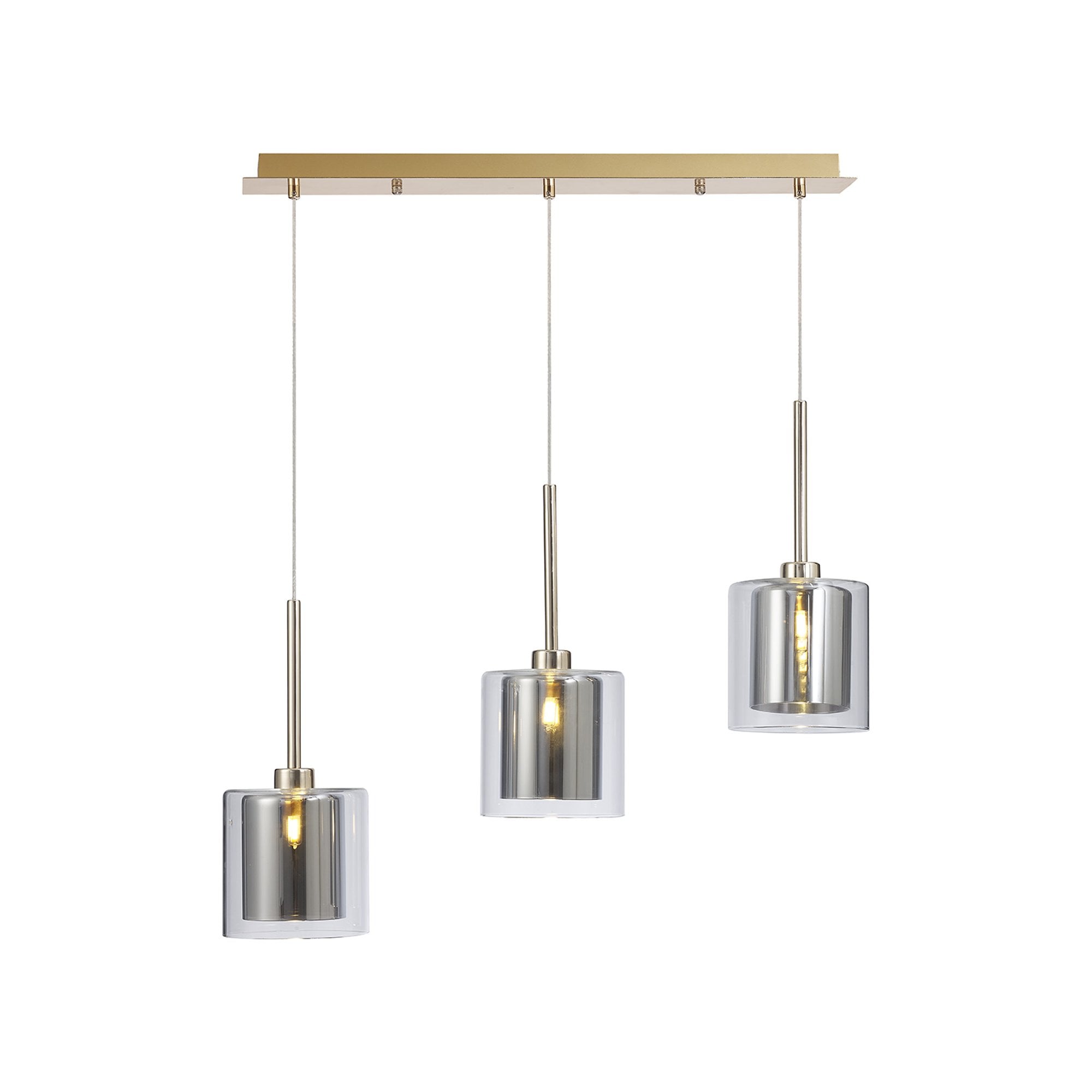 Fabula Tamworth 3 Light Linear Pendant - Medium Cylinder Shades with Clear Outer Glass - French Gold, Chrome & Clear Glass