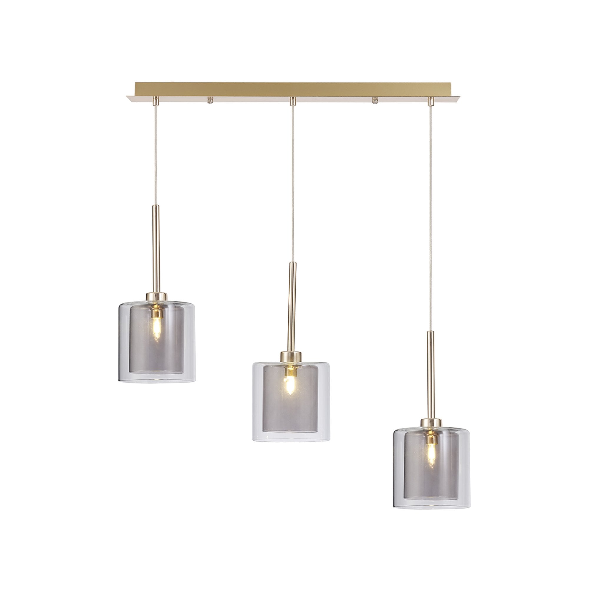 Fabula Tamworth 3 Light Linear Pendant - Medium Cylinder Shades with Clear Outer Glass - French Gold, Smoked & Clear Glass