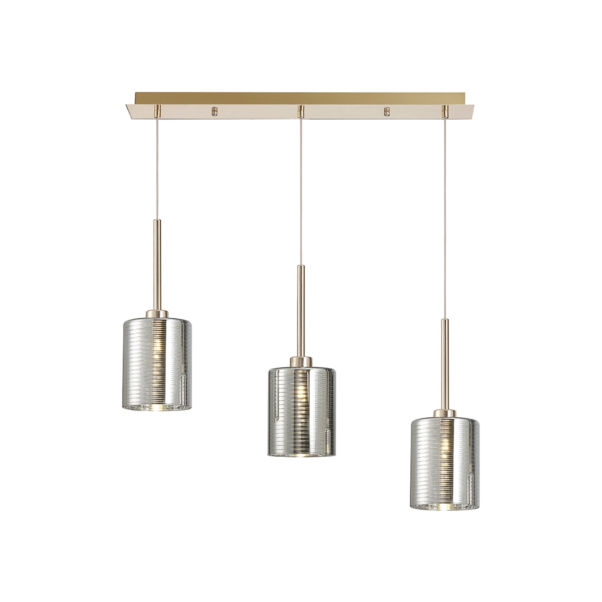 Fabula Tamworth 3 Light Linear Pendant - Medium Cylinder Shades - French Gold & Chrome Lined Glass