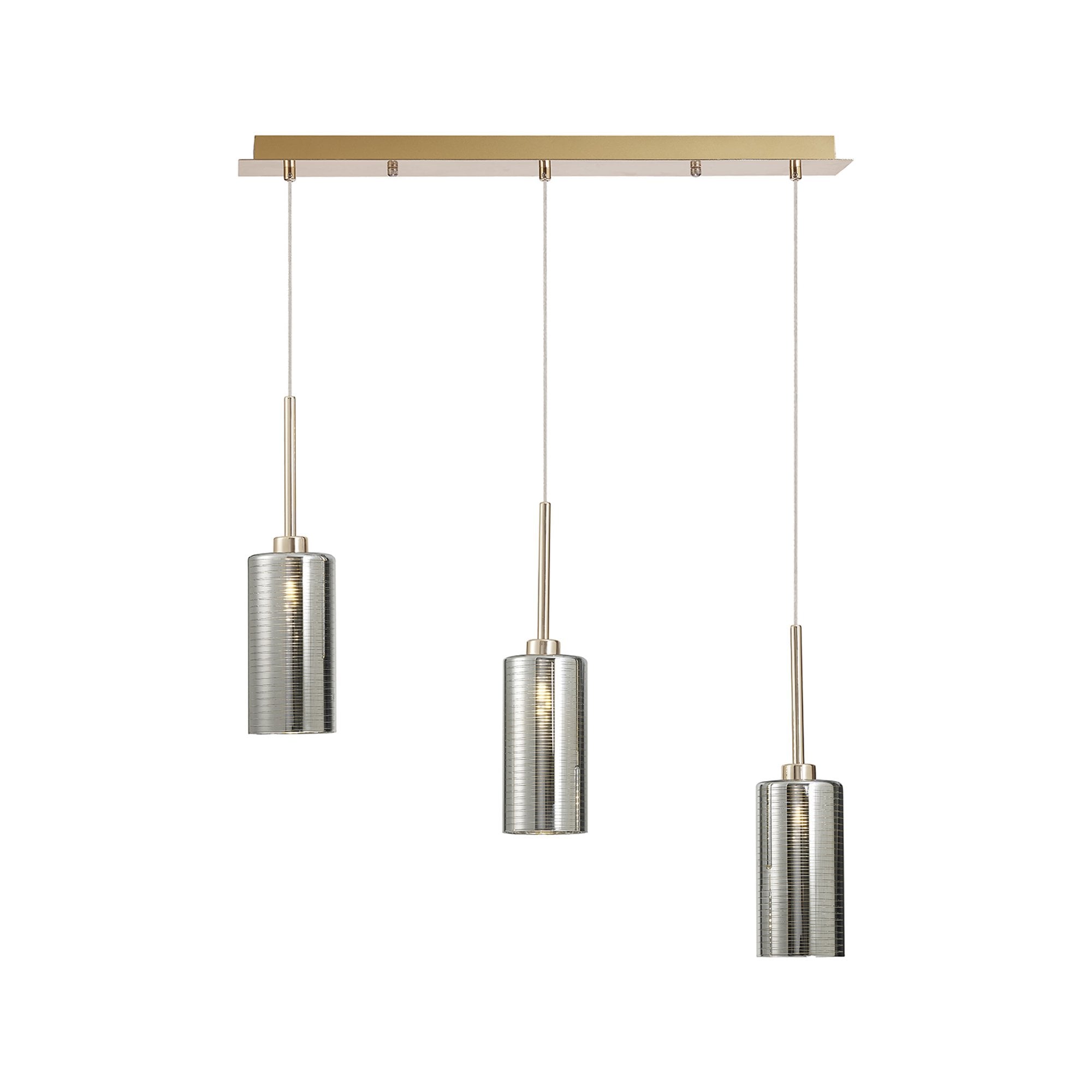 Fabula Tamworth 3 Light Linear Pendant - Tall Cylinder Shades - French Gold & Chrome Glass