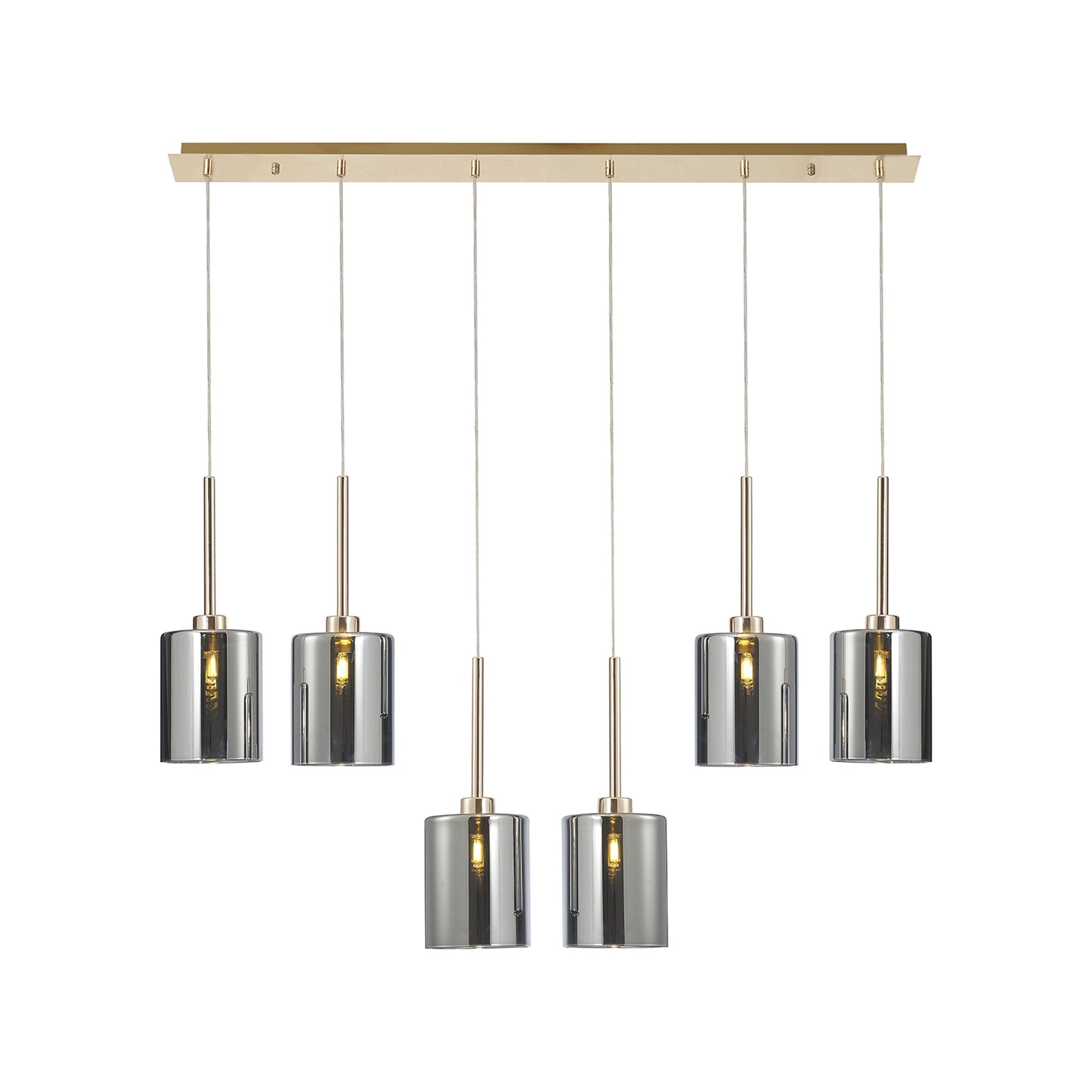 Fabula Tamworth 6 Light Linear Pendant - Medium Cylinder Shades - French Gold & Chrome Glass