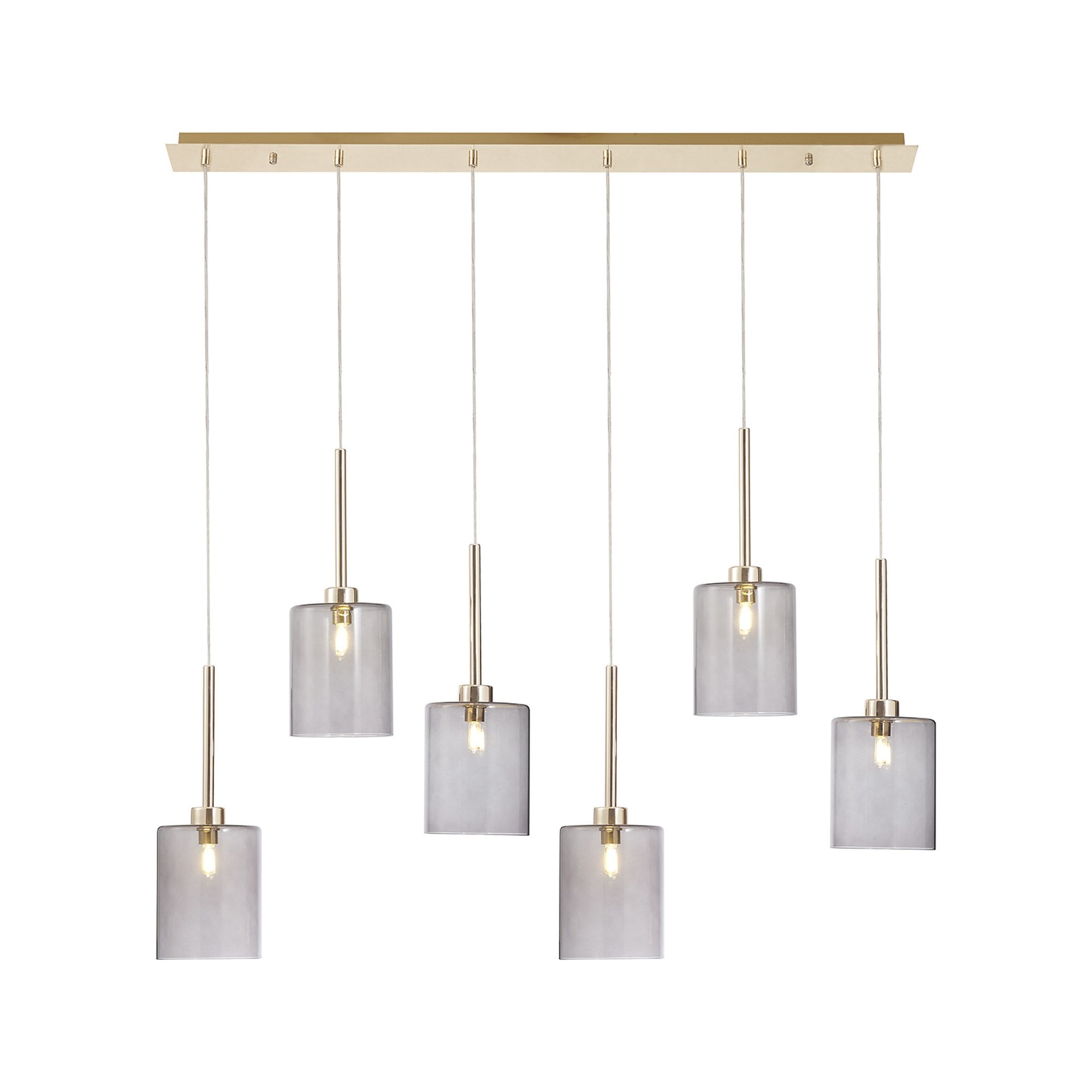 Fabula Tamworth 6 Light Linear Pendant - Medium Cylinder Shades - French Gold & Smoked Glass