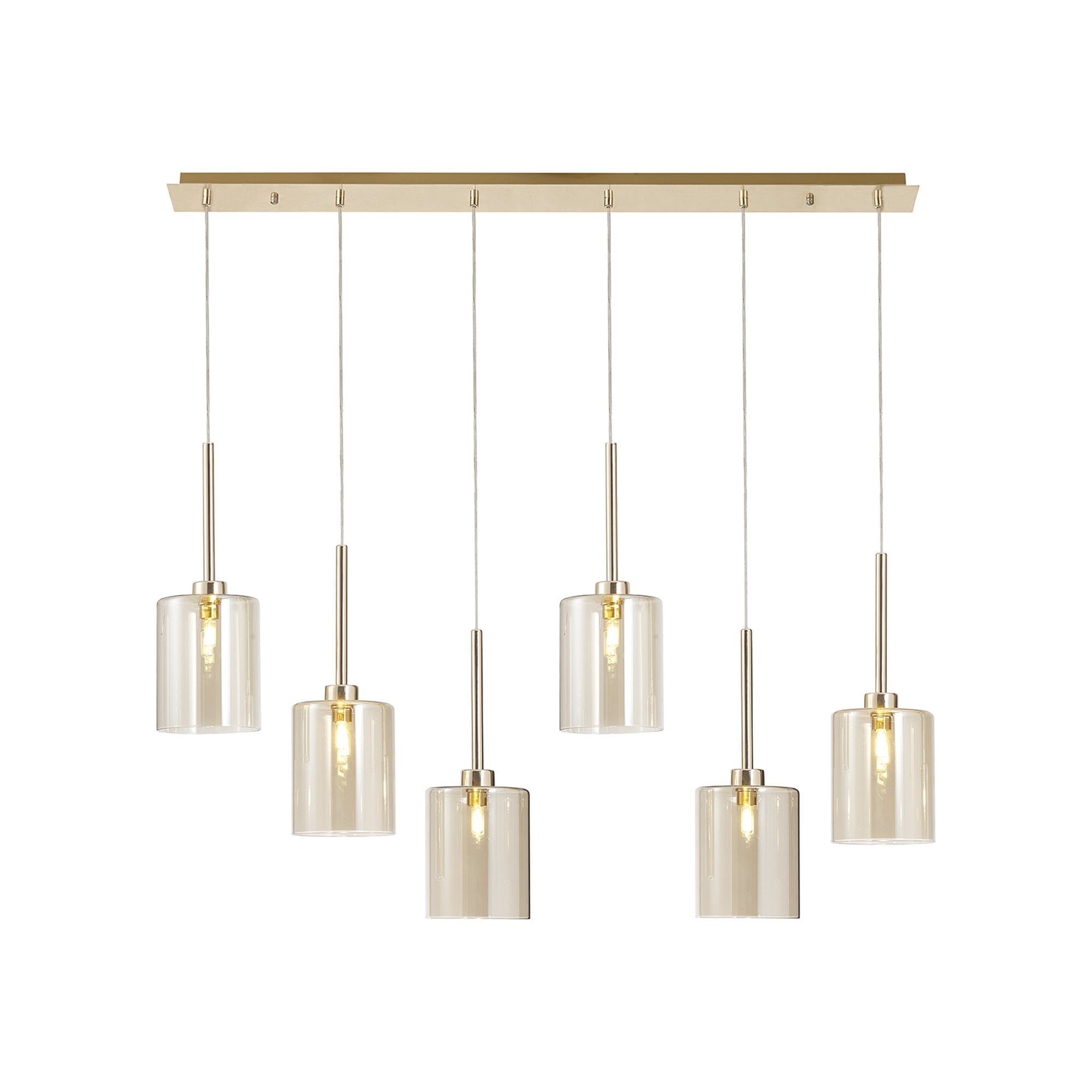 Fabula Tamworth 6 Light Linear Pendant - Medium Cylinder Shades - French Gold & Cognac Glass