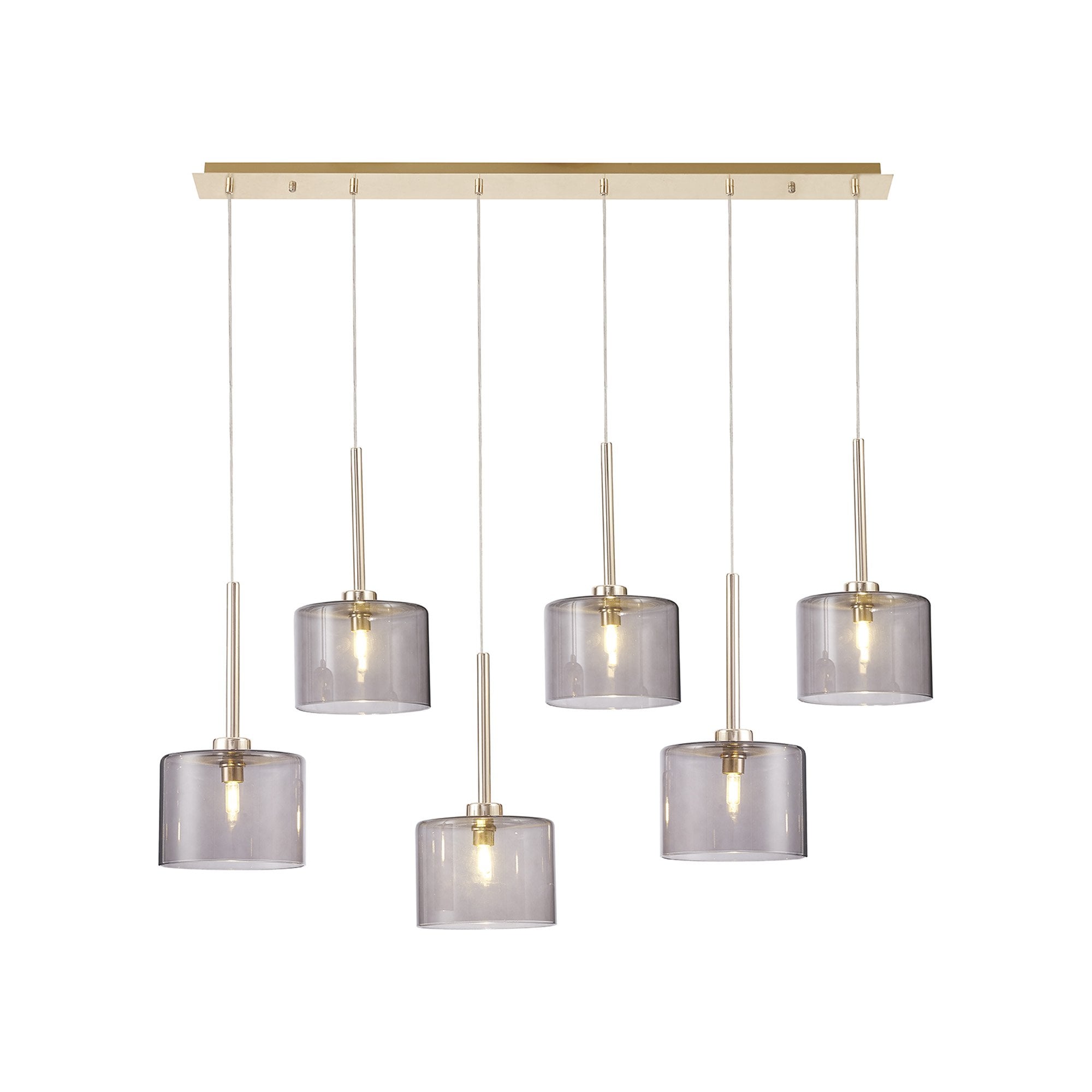 Fabula Tamworth 6 Light Linear Pendant - Short Cylinder Shades - French Gold & Smoked Glass
