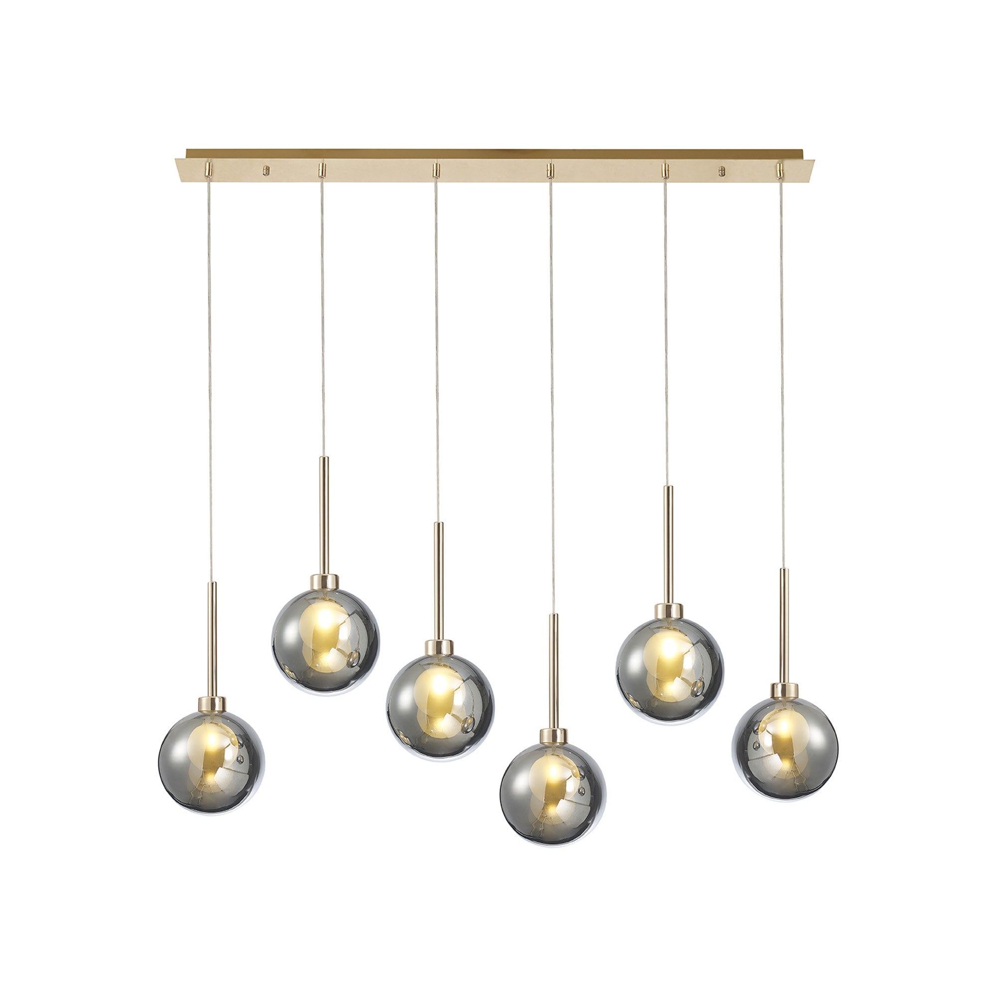 Fabula Tamworth 6 Light Linear Pendant - Round Shades with Inner Frosted Globes - French Gold, Chrome & Frosted Glass