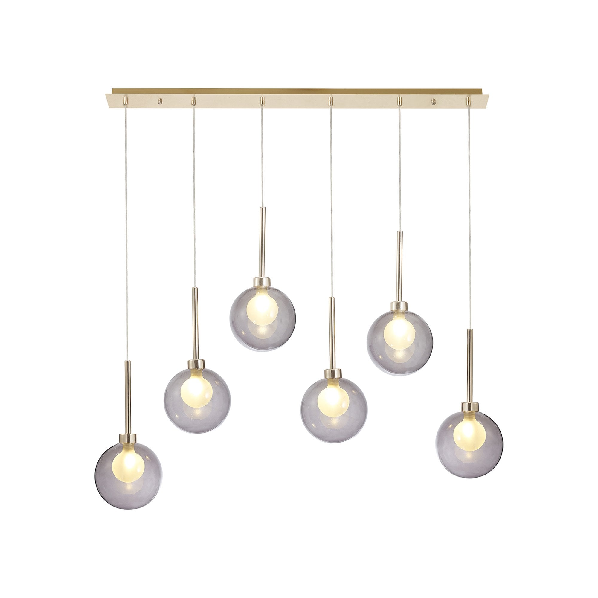 Fabula Tamworth 6 Light Linear Pendant - Round Shades with Inner Frosted Globes - French Gold, Smoked & Frosted Glass