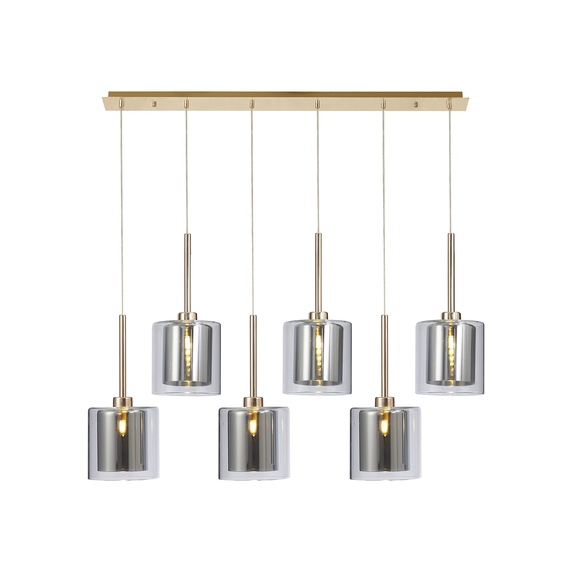 Fabula Tamworth 6 Light Linear Pendant - Medium Cylinder Shades with Clear Outer Glass - French Gold, Chrome & Clear Glass