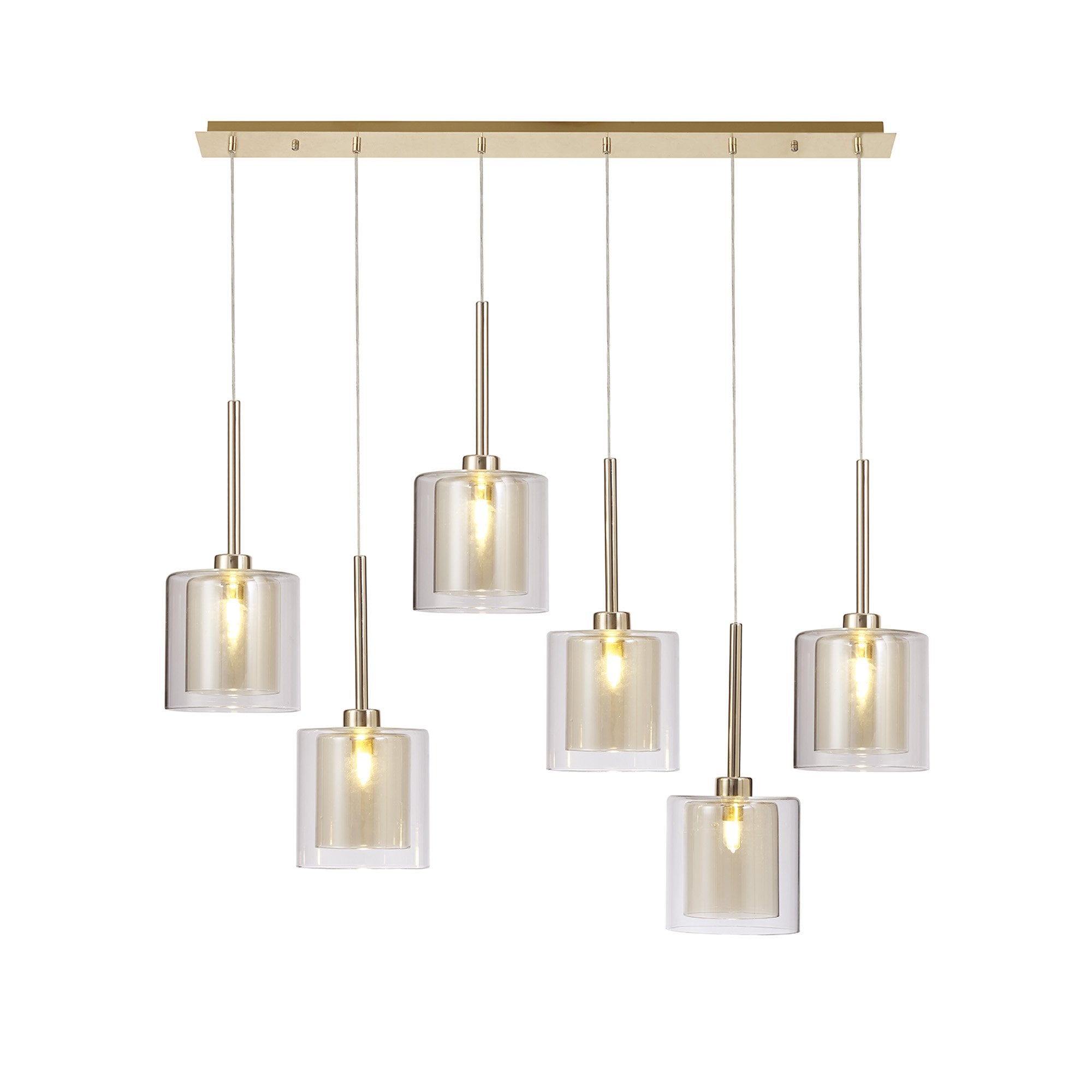 Fabula Tamworth 6 Light Linear Pendant - Medium Cylinder Shades with Clear Outer Glass - French Gold, Cognac & Clear Glass