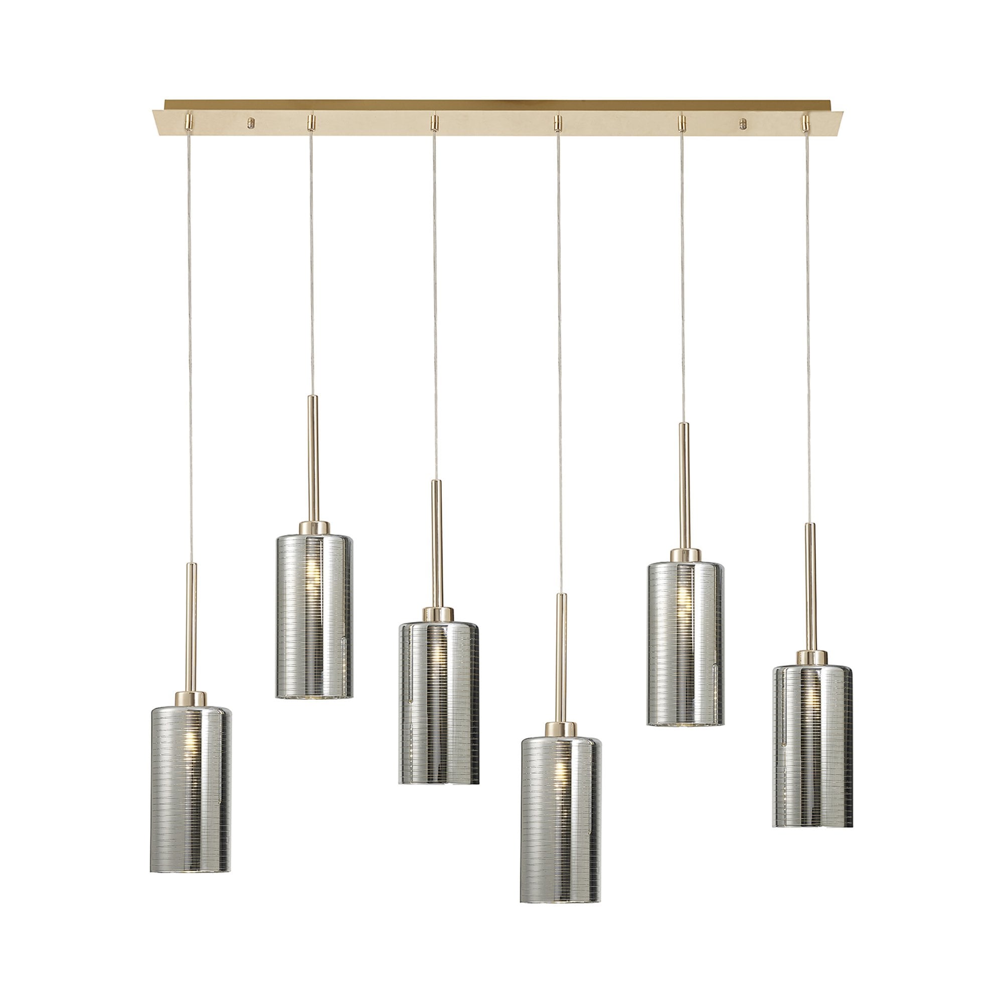 Fabula Tamworth 6 Light Linear Pendant - Tall Cylinder Shades - French Gold & Chrome Lined Glass