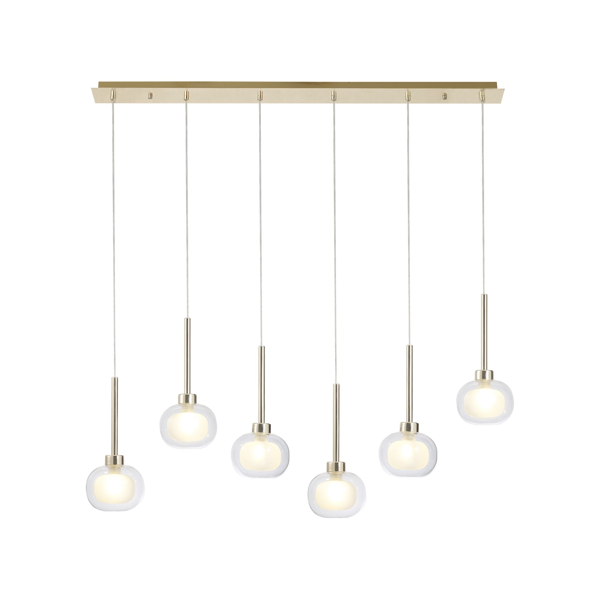 Fabula Tamworth 6 Light Linear Pendant - Flattened Round Shades with Inner Frosted Globes - French Gold, Clear & Frosted Glass