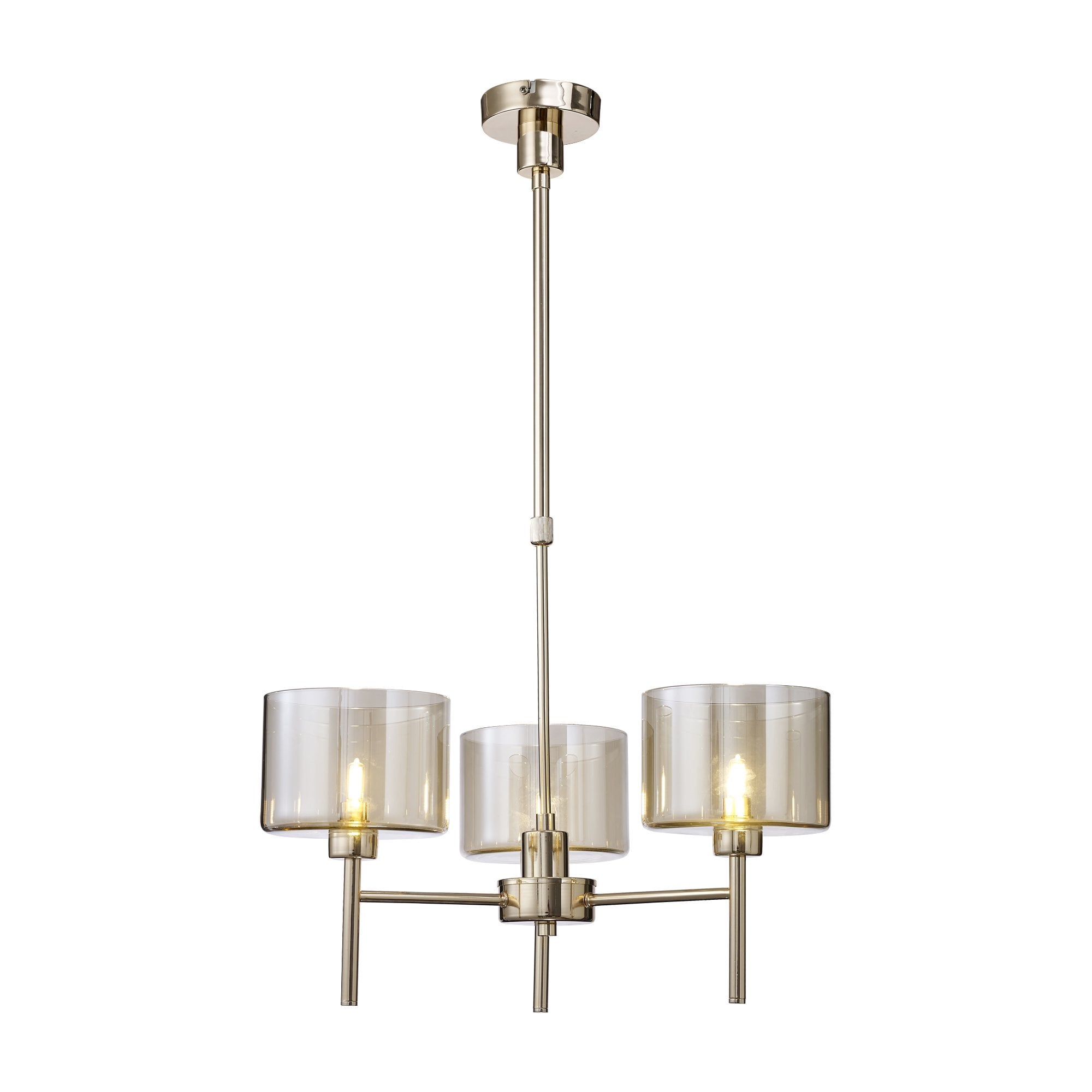 Fabula Tamworth 3 Light Telescopic Semi Flush - Short Cylinder Shades - French Gold & Cognac Glass