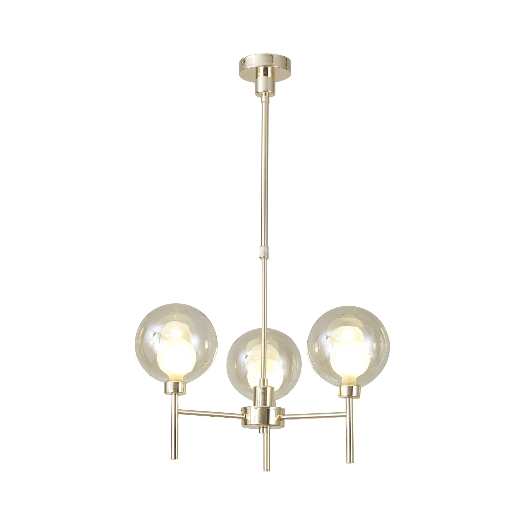 Fabula Tamworth 3 Light Telescopic Semi Flush - Round Shades with Inner Frosted Globes - French Gold, Cognac & Frosted Glass