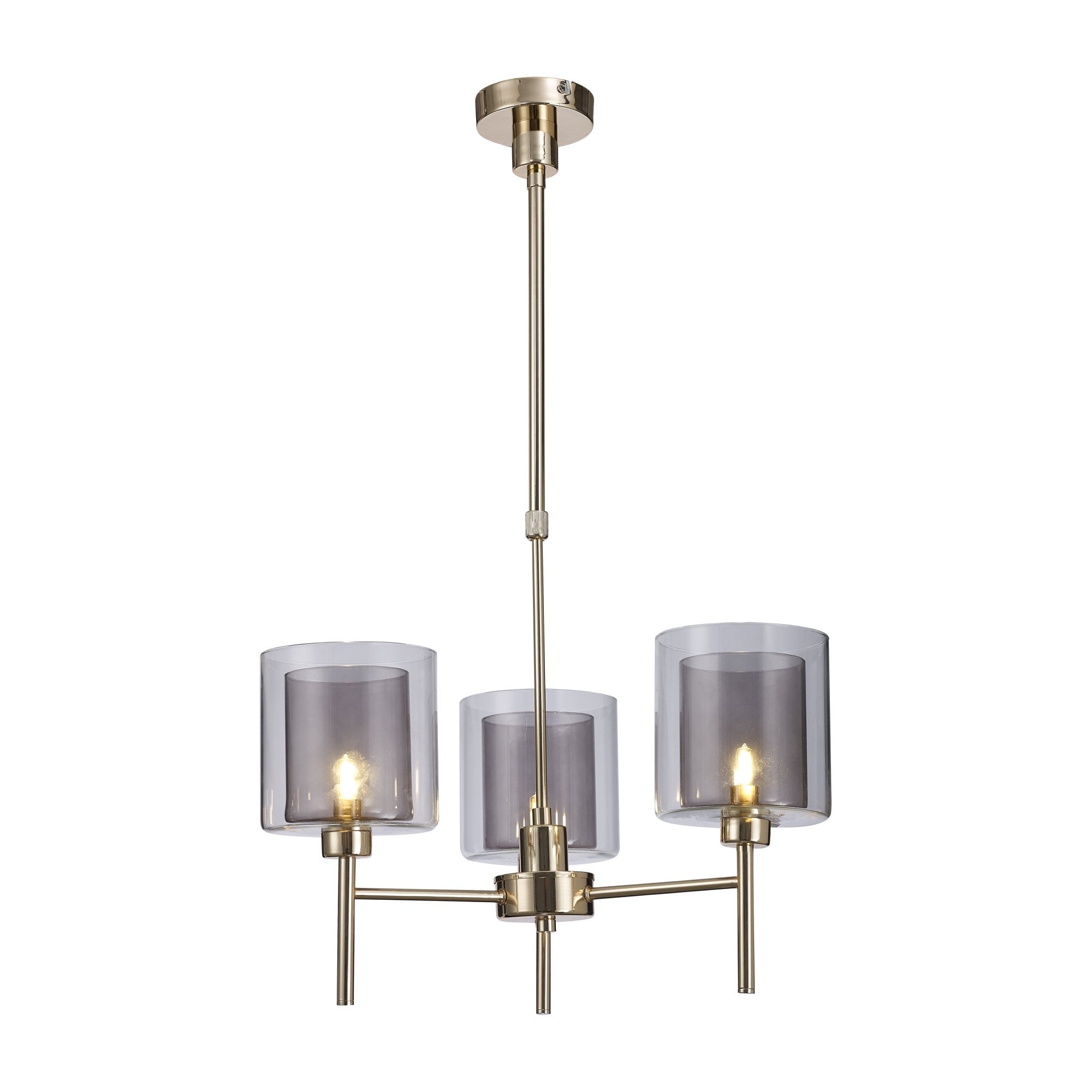 Fabula Tamworth 3 Light Telescopic Semi Flush - Medium Cylinder Shades with Clear Outer Glass - French Gold, Smoked & Clear Glass