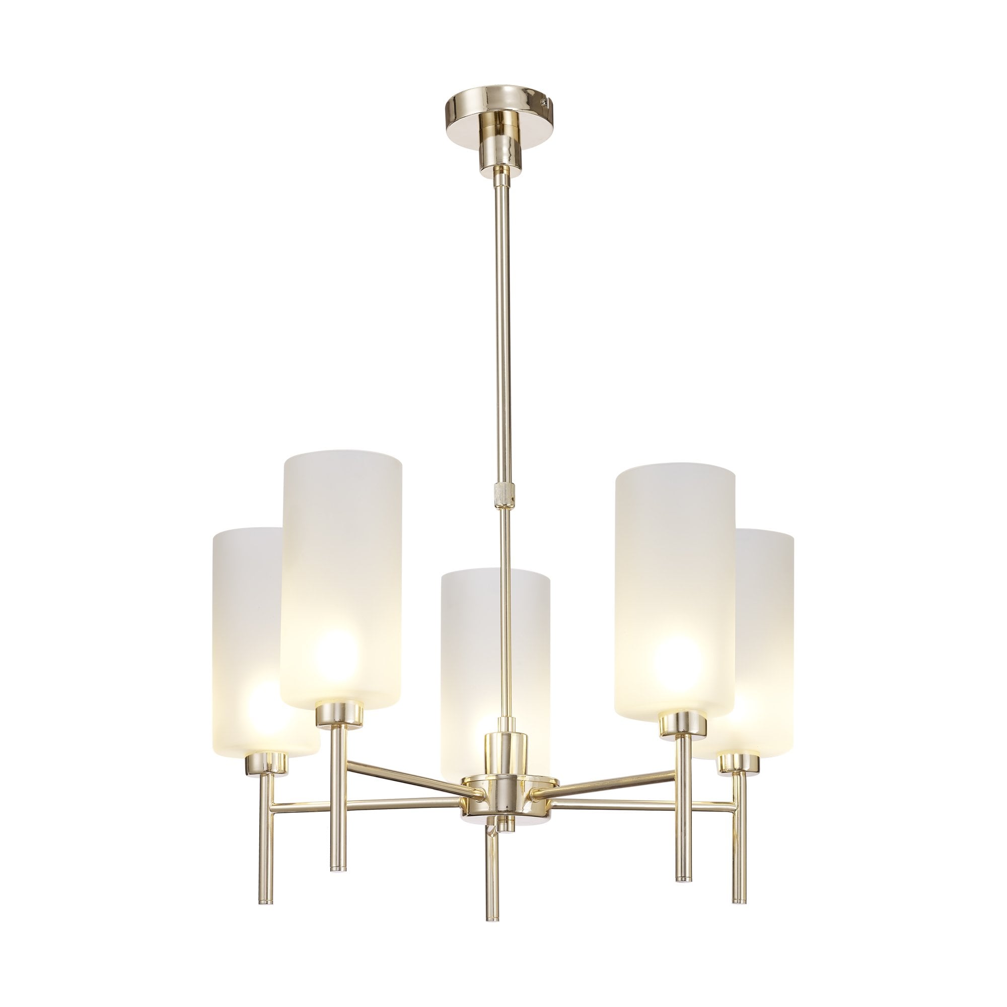 Fabula Tamworth 5 Light Telescopic Semi Flush - Tall Cylinder Shades - French Gold & Frosted Glass
