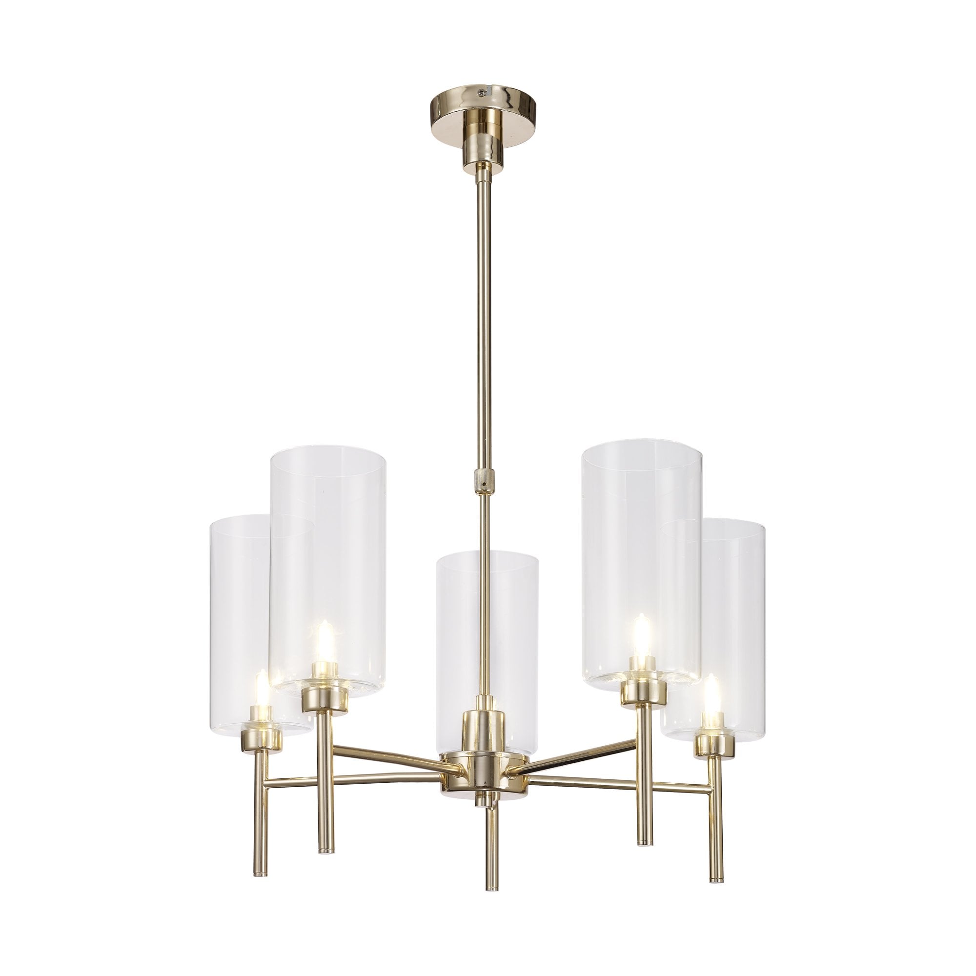 Fabula Tamworth 5 Light Telescopic Semi Flush - Tall Cylinder Shades - French Gold & Clear Glass