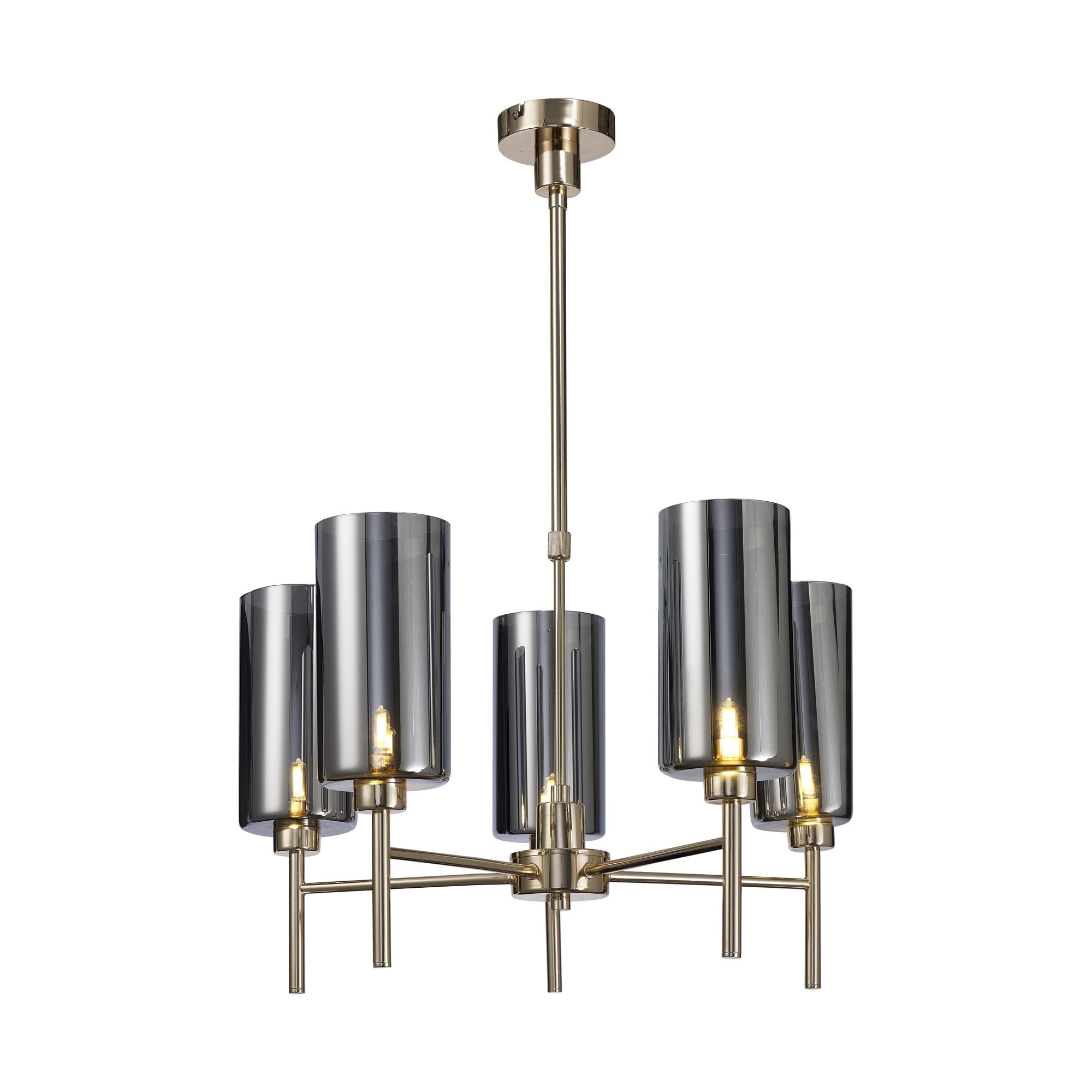 Fabula Tamworth 5 Light Telescopic Semi Flush - Tall Cylinder Shades - French Gold & Chrome Glass