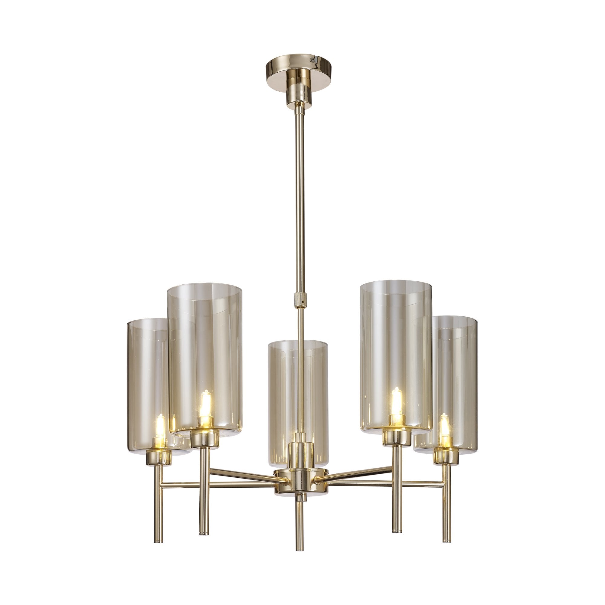 Fabula Tamworth 5 Light Telescopic Semi Flush - Tall Cylinder Shades - French Gold & Cognac Glass