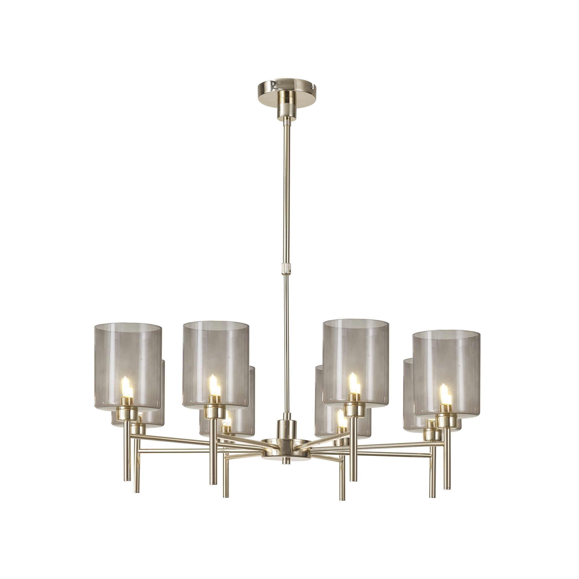 Fabula Tamworth 8 Light Telescopic Semi Flush - Medium Cylinder Shades - French Gold & Smoked Glass