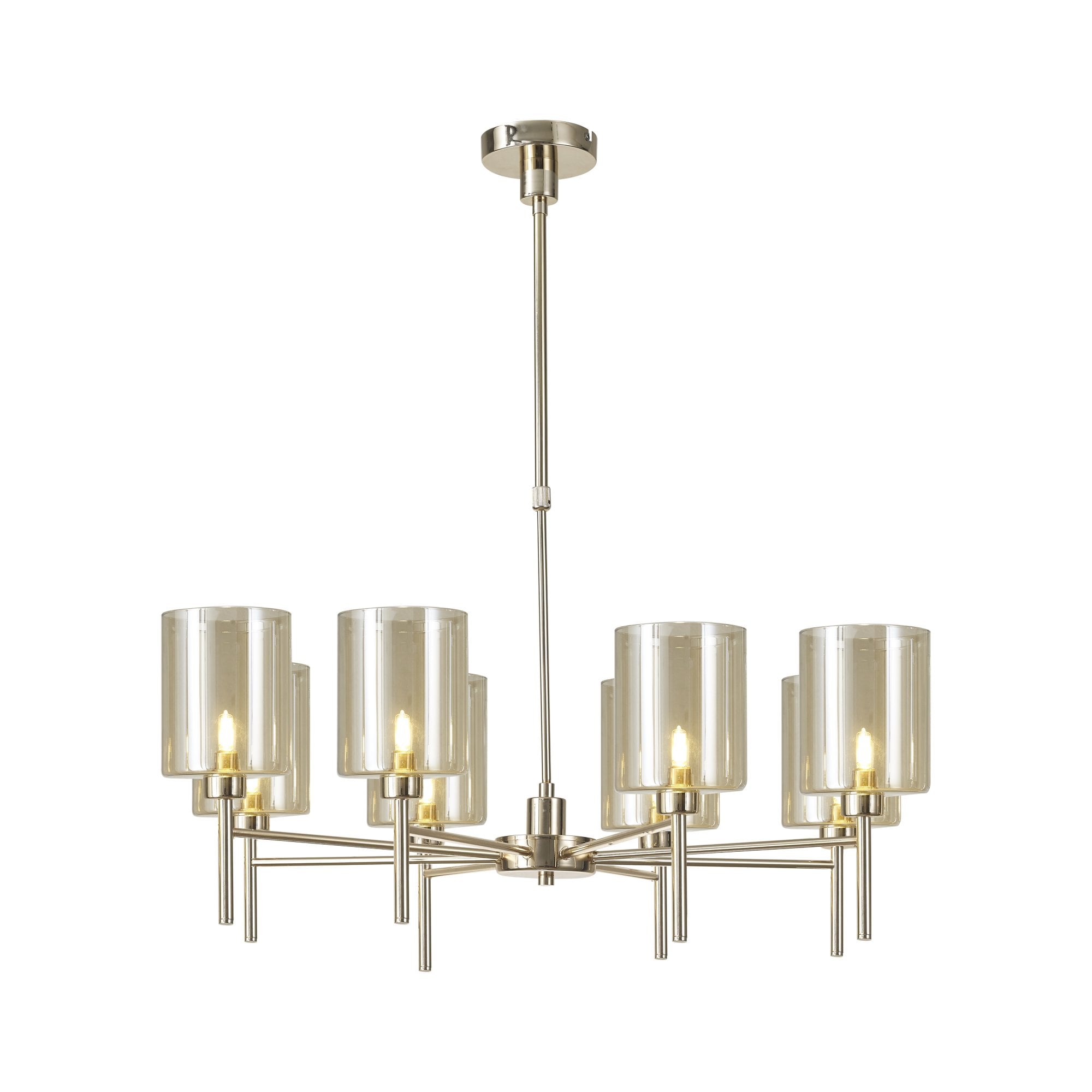 Fabula Tamworth 8 Light Telescopic Semi Flush - Medium Cylinder Shades - French Gold & Cognac Glass
