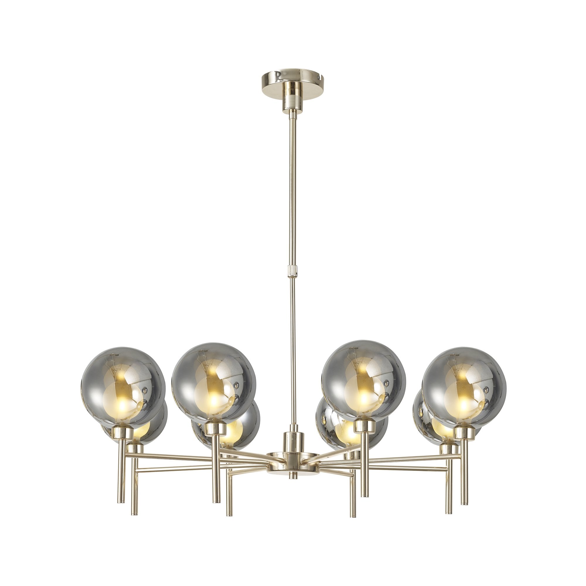 Fabula Tamworth 8 Light Telescopic Semi Flush - Round Shades with Inner Frosted Globes - French Gold, Chrome & Frosted Glass