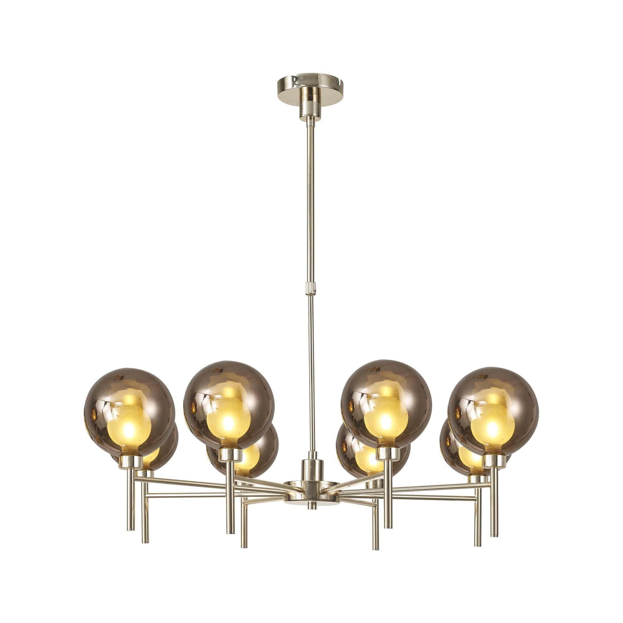 Fabula Tamworth 8 Light Telescopic Semi Flush - Round Shades with Inner Frosted Globes - French Gold, Copper & Frosted Glass