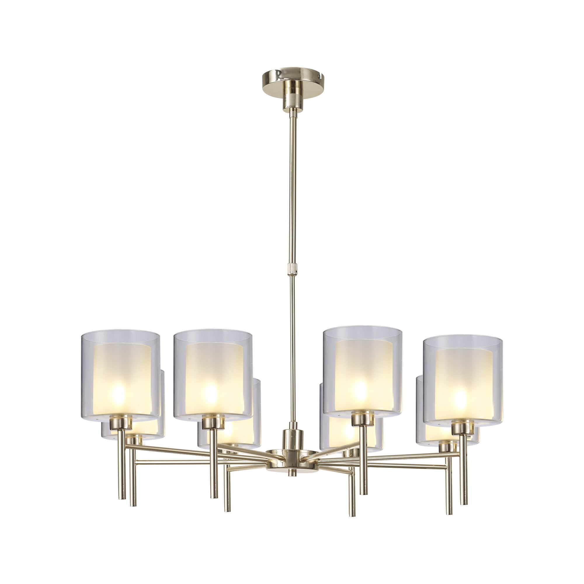 Fabula Tamworth 8 Light Telescopic Semi Flush - Medium Cylinder Shades with Clear Outer Glass - French Gold, Frosted & Clear Glass