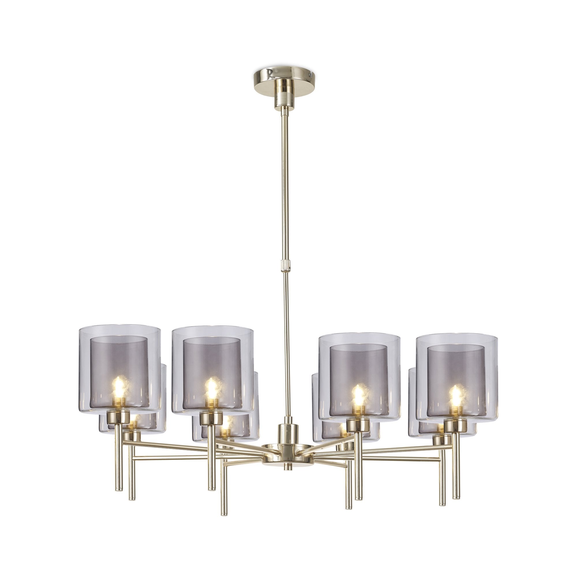 Fabula Tamworth 8 Light Telescopic Semi Flush - Medium Cylinder Shades with Clear Outer Glass - French Gold, Smoked & Clear Glass