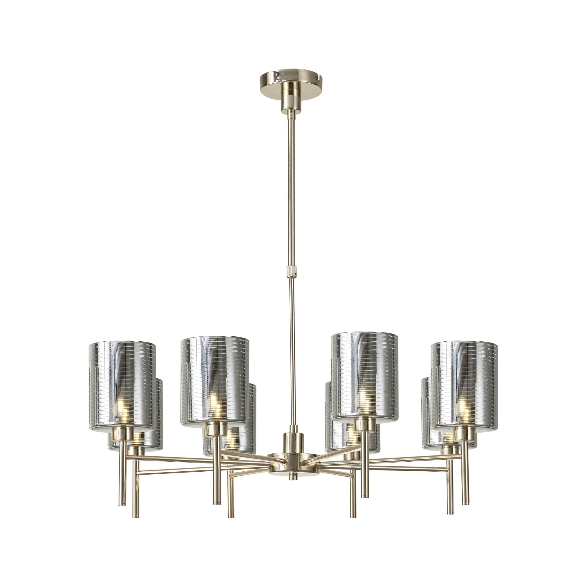 Fabula Tamworth 8 Light Telescopic Semi Flush - Medium Cylinder Shades - French Gold & Chrome Lined Glass