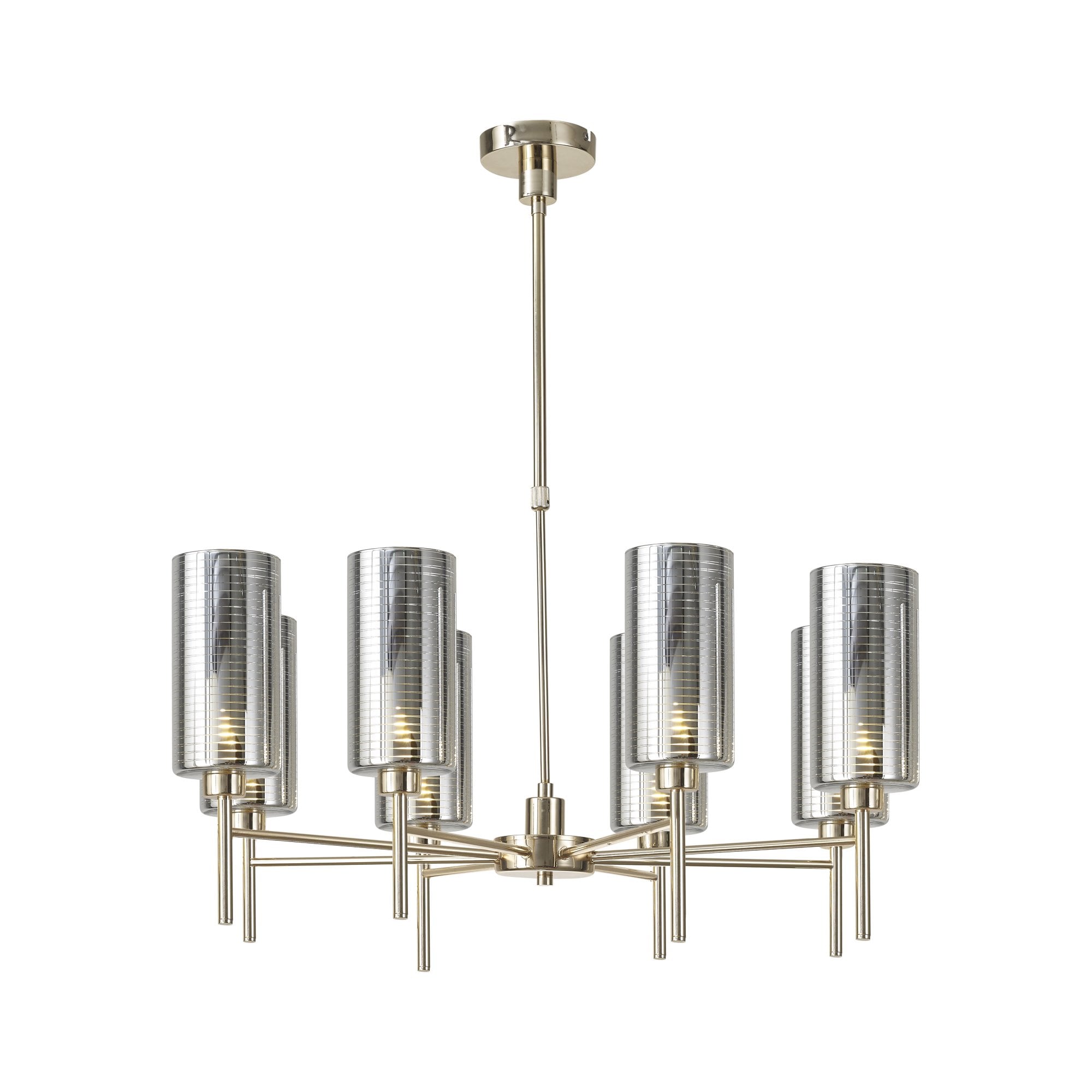 Fabula Tamworth 8 Light Telescopic Semi Flush - Tall Cylinder Shades - French Gold & Chrome Glass