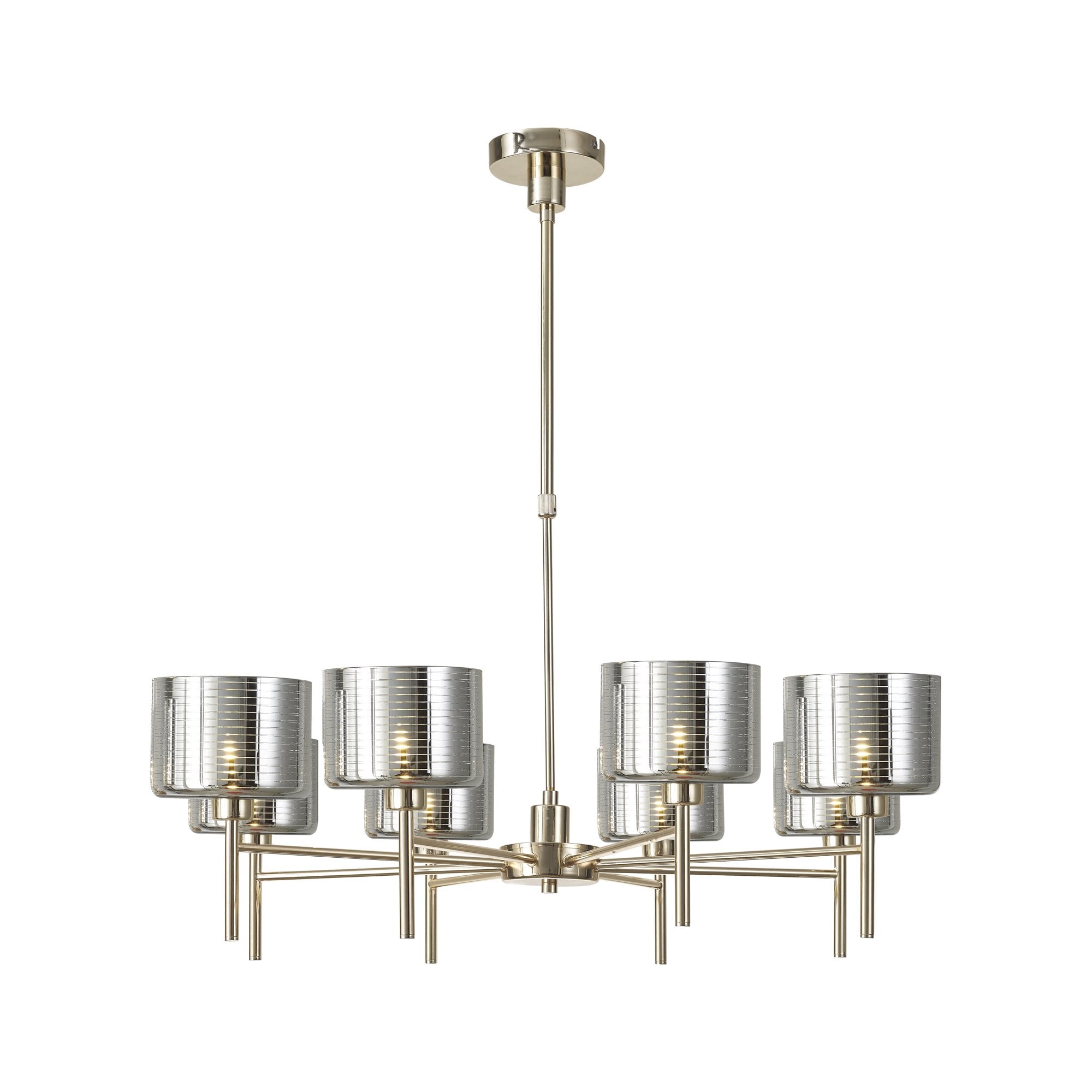 Fabula Tamworth 8 Light Telescopic Semi Flush - Short Cylinder Shades - French Gold & Chrome Lined Glass